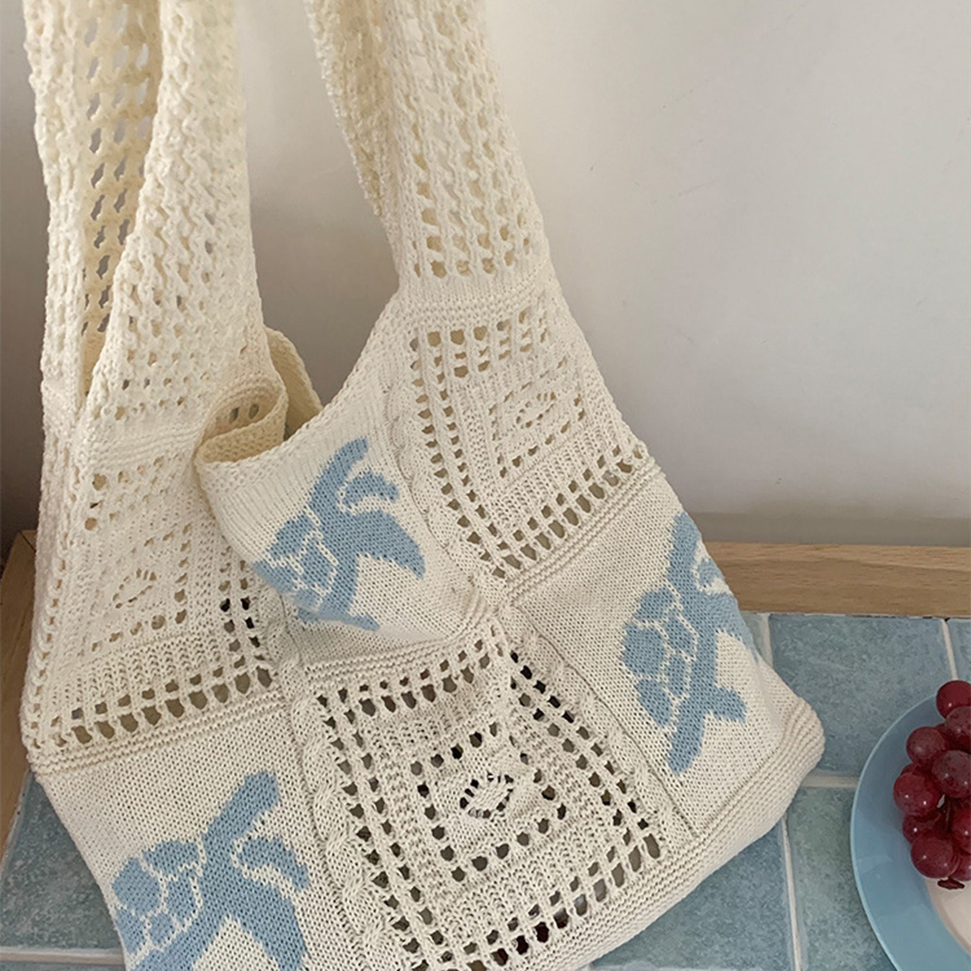 Knit Tote Bag Floral Pattern Shoulder Bag Open Top Casual Everyday Carry Handbag
