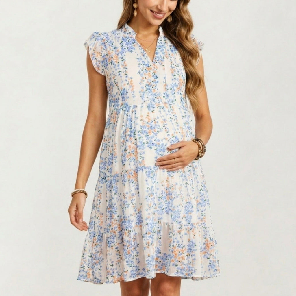 Floral Print Maternity Dress with Flutter Sleeves and Tiered Skirt