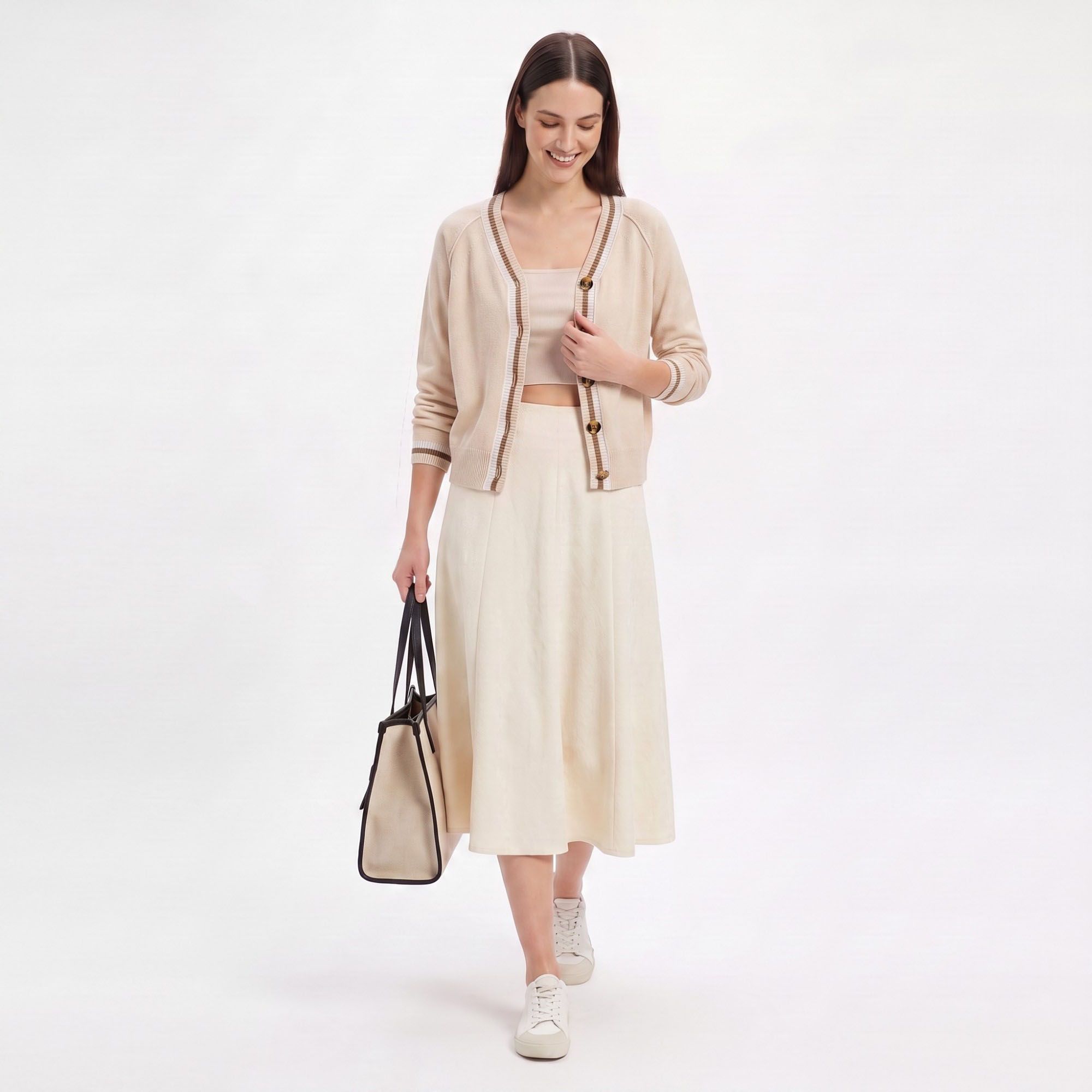 Contrast Stripe V-Neck Button-Front Knit Cardigan