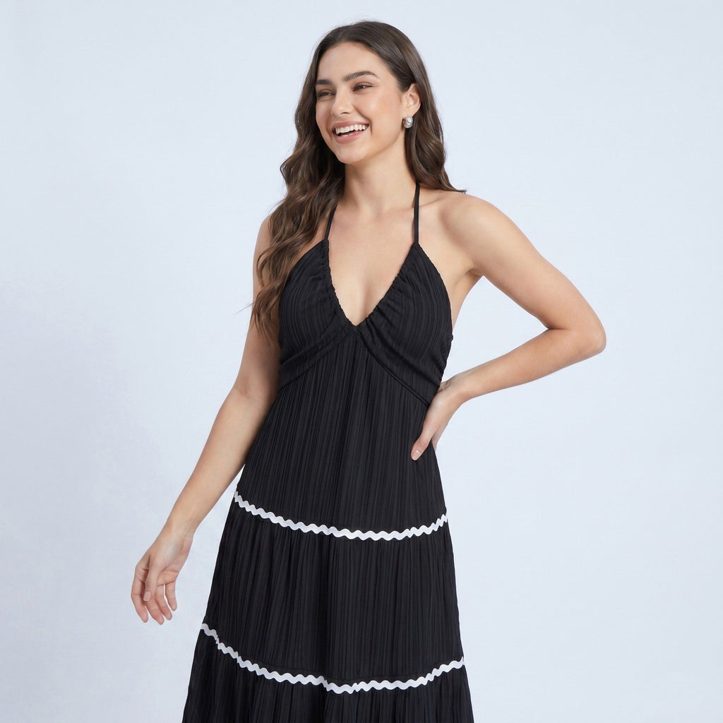 Anna-Kaci Women's Halter Neck Tiered Maxi Dress with Contrast Trim