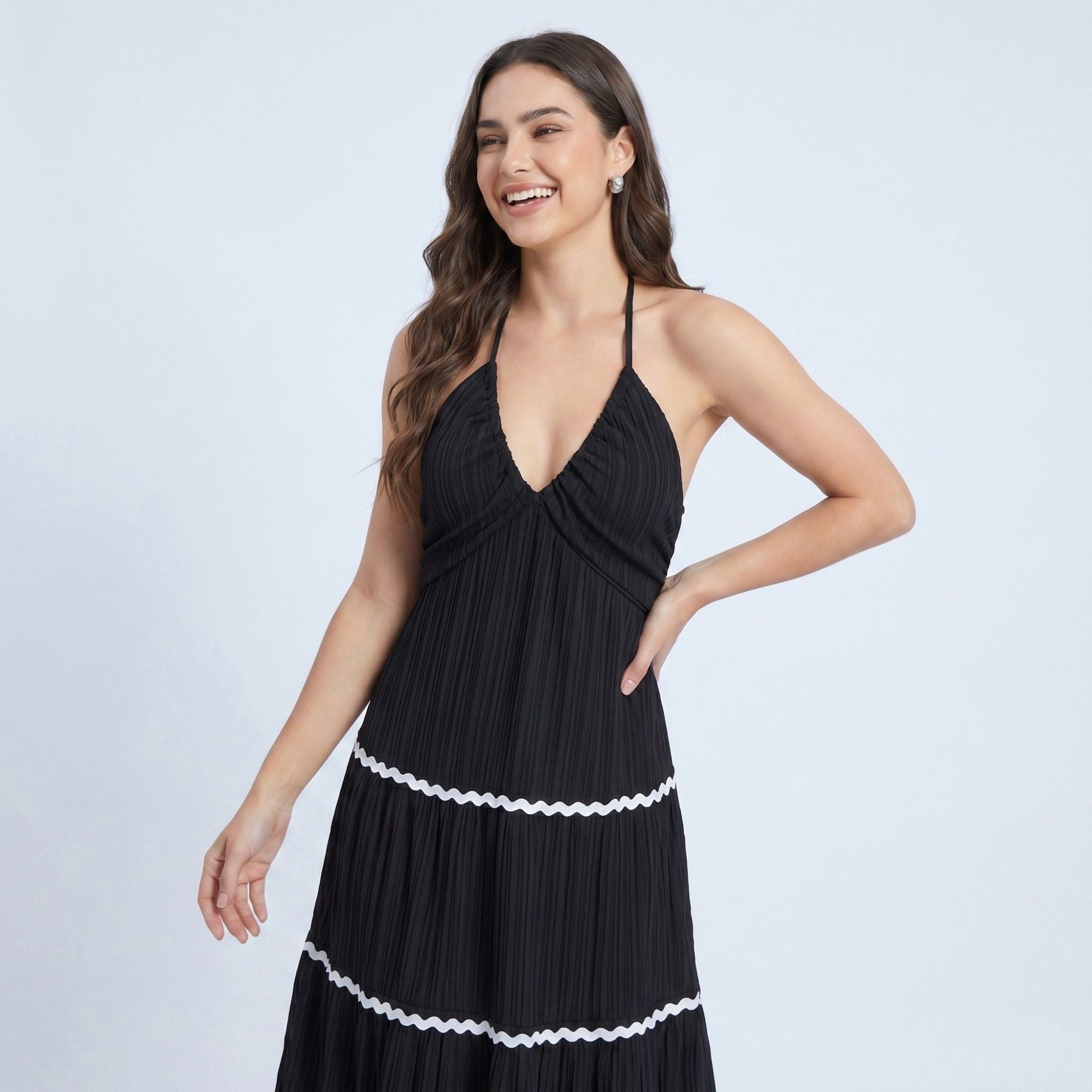 Anna-Kaci Women's Halter Neck Tiered Maxi Dress with Contrast Trim
