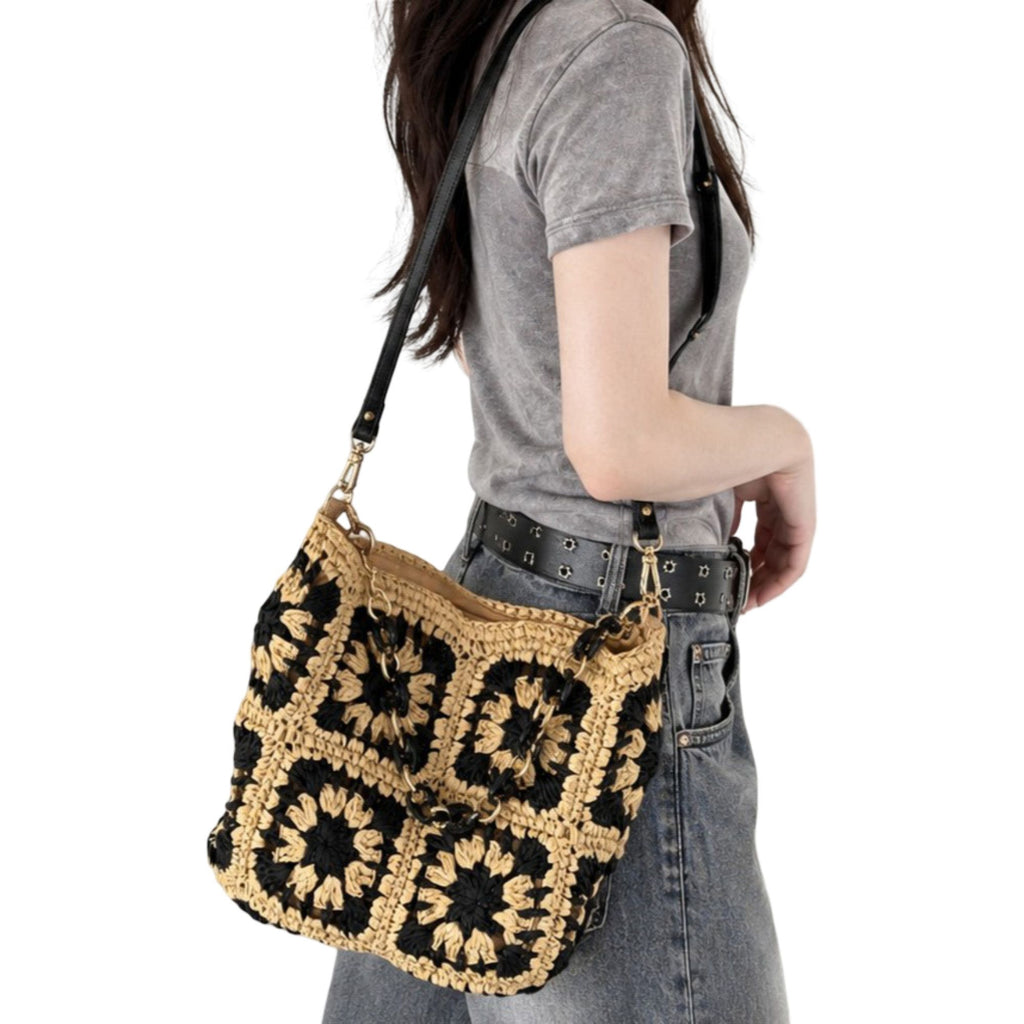 Handcrafted Straw Shoulder Bag with Adjustable Strap and Inner Pocket