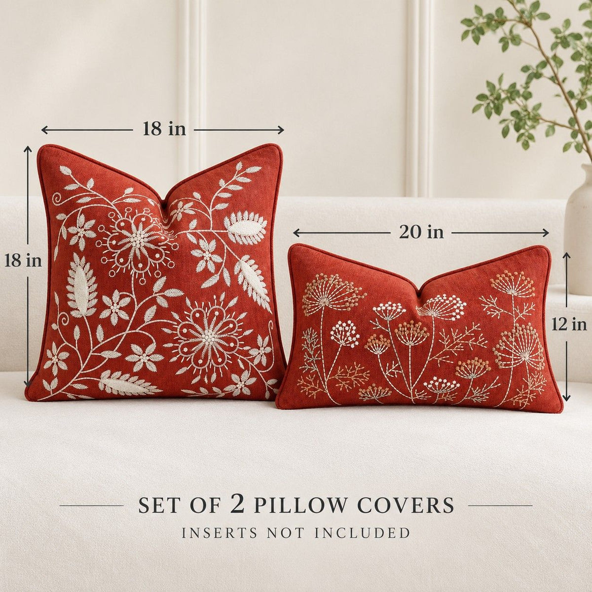 2 Pack Embroidered Floral Throw Pillow Covers 18 x 18 and 12 x 20 Inch