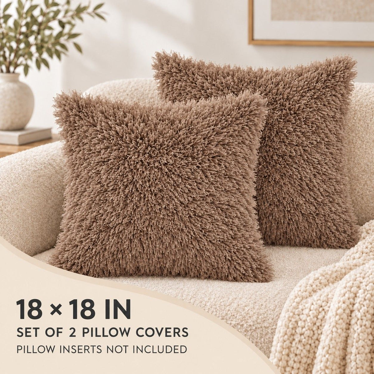 2 Pack Shaggy Faux Fur Throw Pillow Covers 18 x 18 Inch for Couch Sofa and Bed