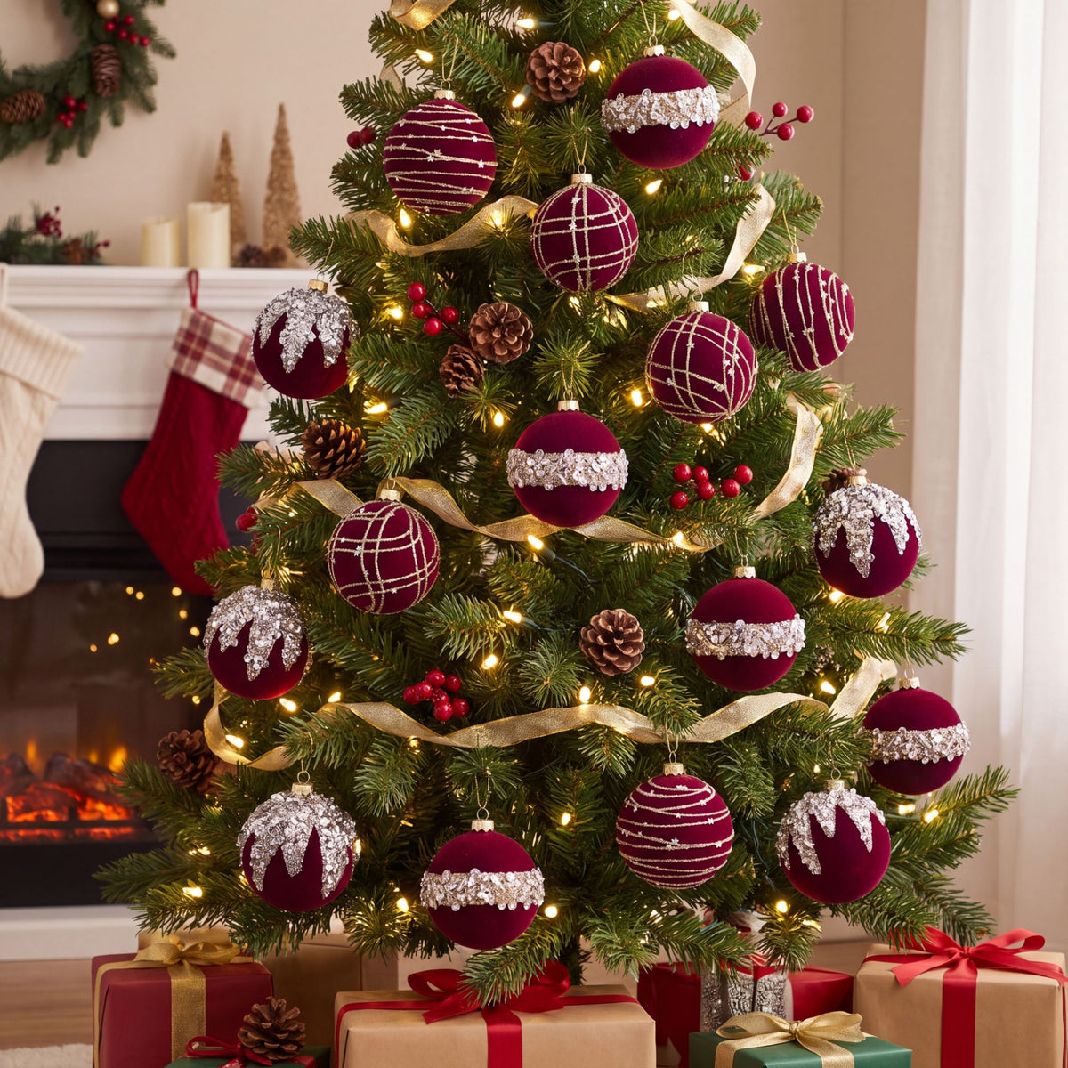 12ct Flocked Christmas Ball Ornament Set with Glitter Beaded Holiday Tree Decorations