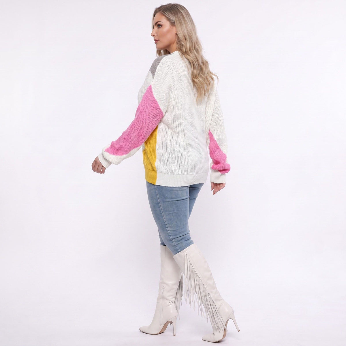 Plus Size White Multicolor Geometric Colorblock Sweater