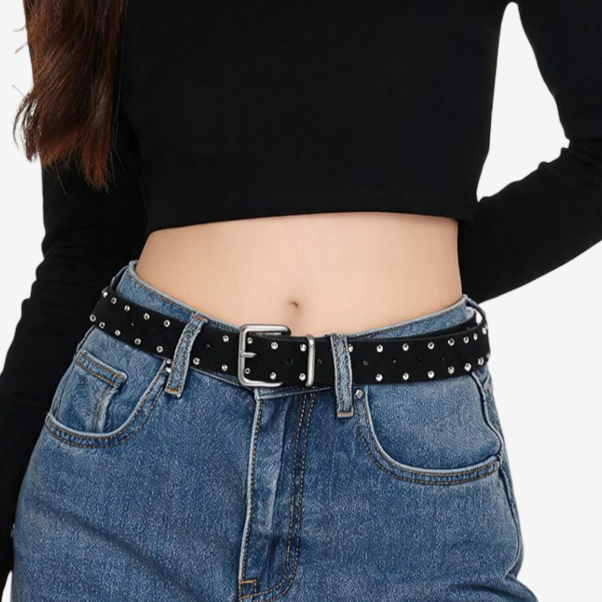 Studded Suede Leather Belt with Square Silver Tone Buckle 41.3in