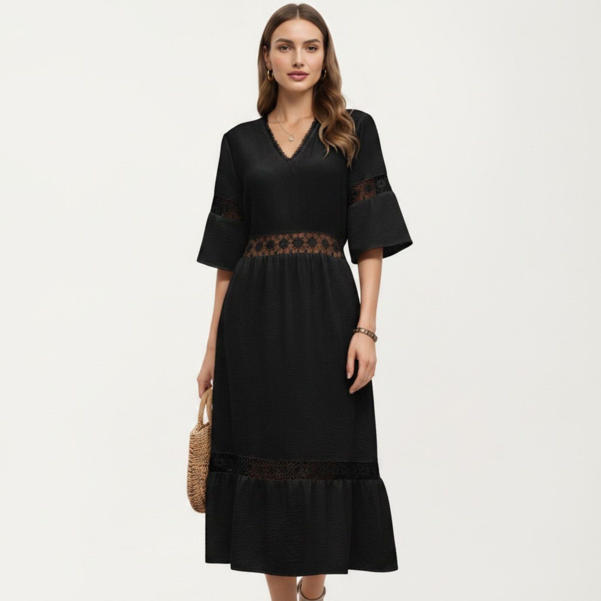 Anna-Kaci Women's V Neck Midi Dress with Lace Trim Paneling and Short Wide Sleeves Flowing Silhouette