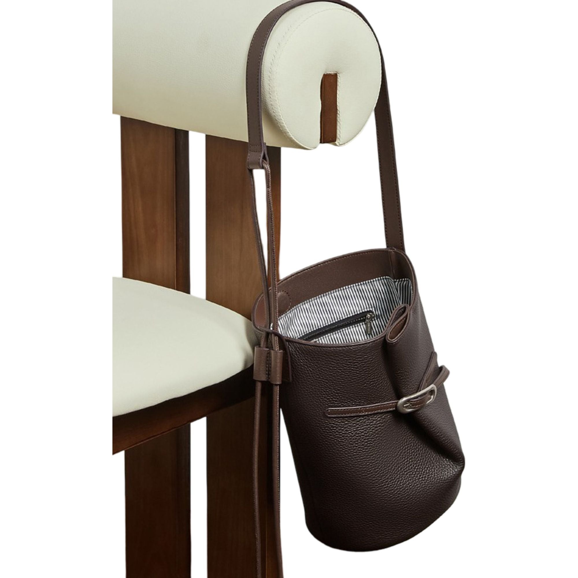 Pebbled Leather Bucket Shoulder Tote with Adjustable Buckle Accent and Open Top Design