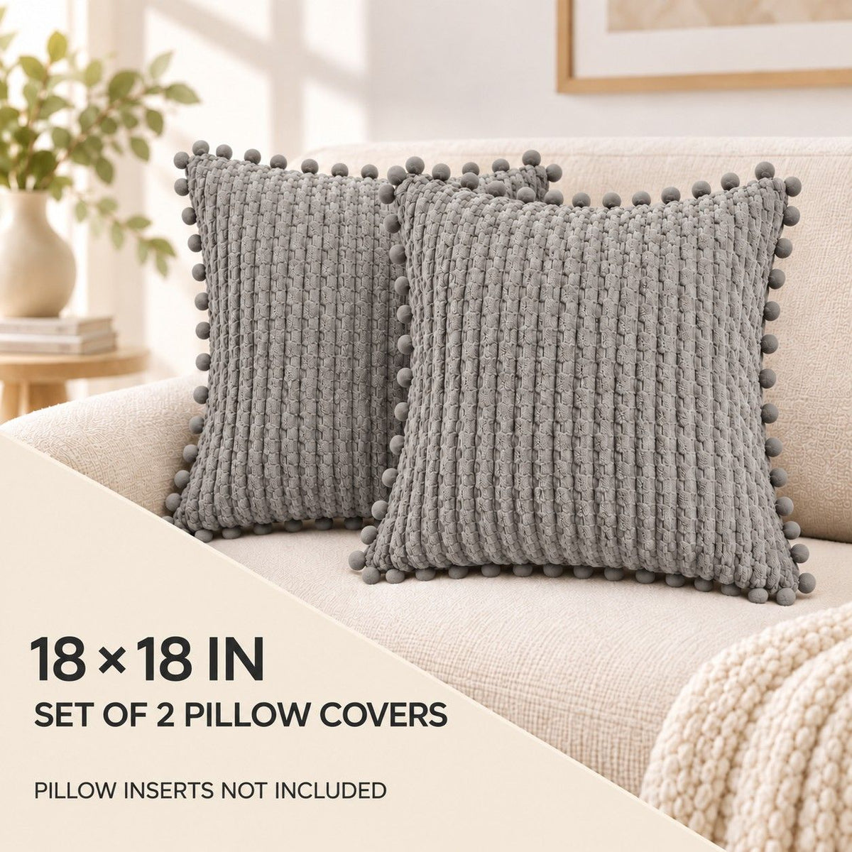 2 Pack Double Sided Corduroy Throw Pillow Covers 18 x 18 Inch with Pom Pom Trim