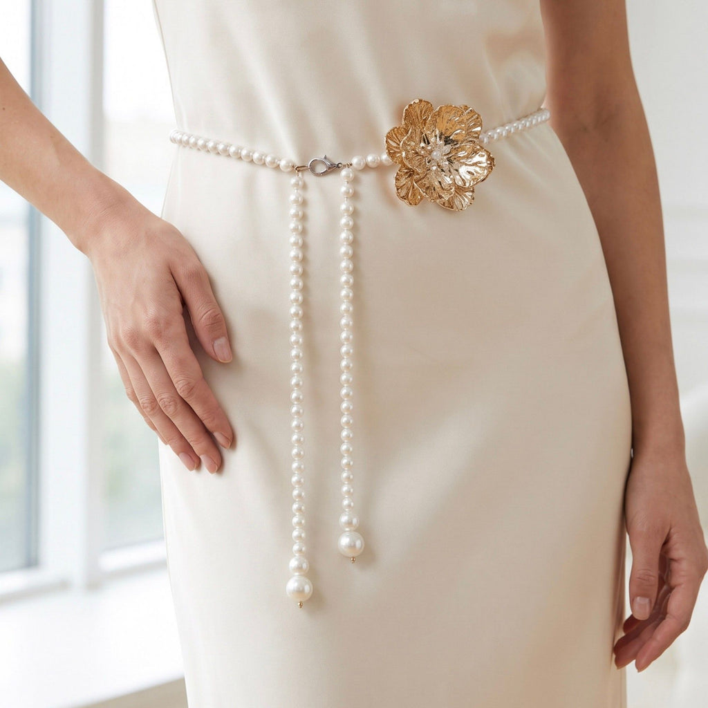 Single Textured Floral Plastic Pearl Waist Chain Adjustable Vintage Statement Waist Jewelry 43.3in