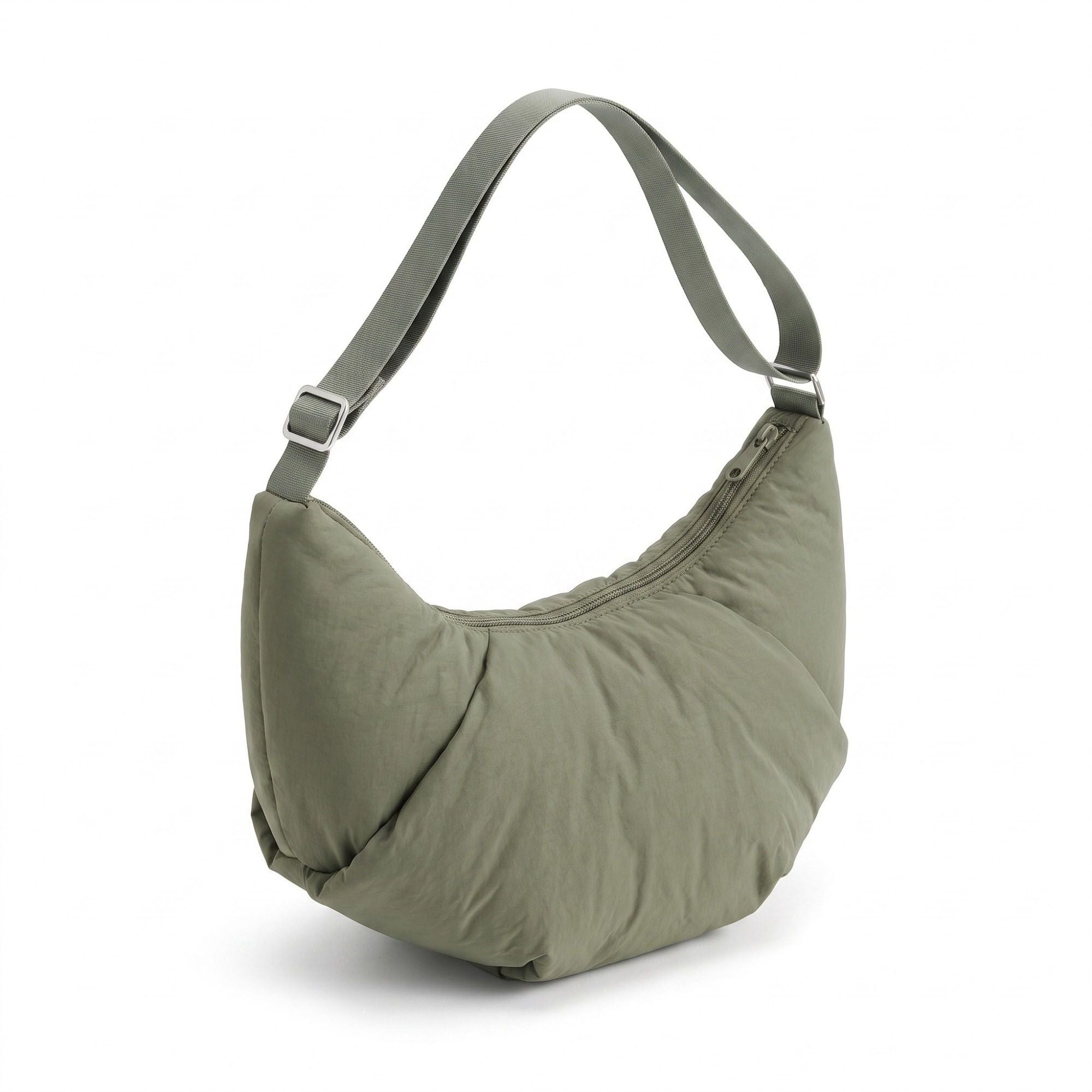 Padded Crescent Shoulder Bag with Wide Strap and Top Zipper Closure 13x7.5x2.5in