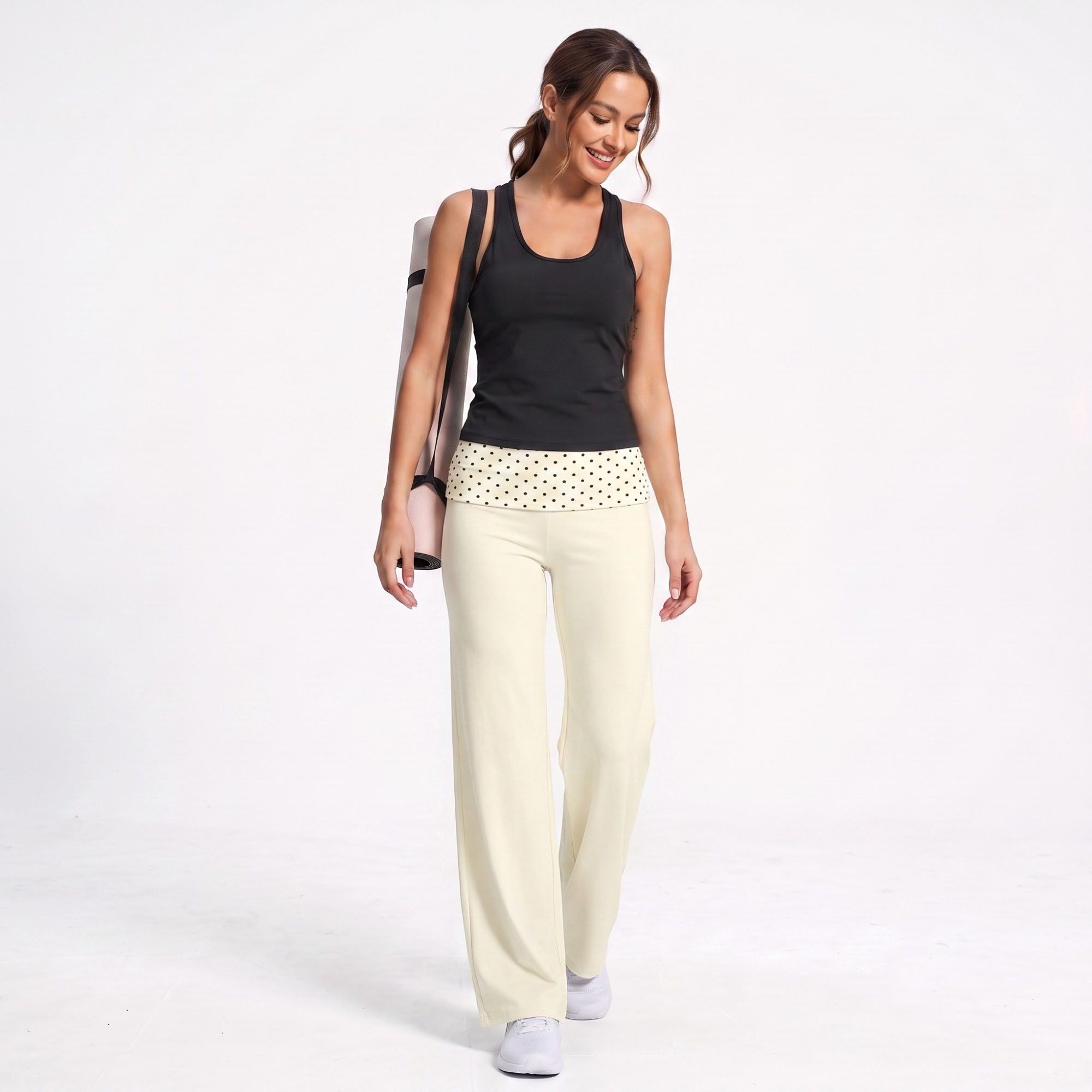 Polka Dot Foldover Waist Wide Leg Yoga Pants Full Length Flowy Workout Trousers