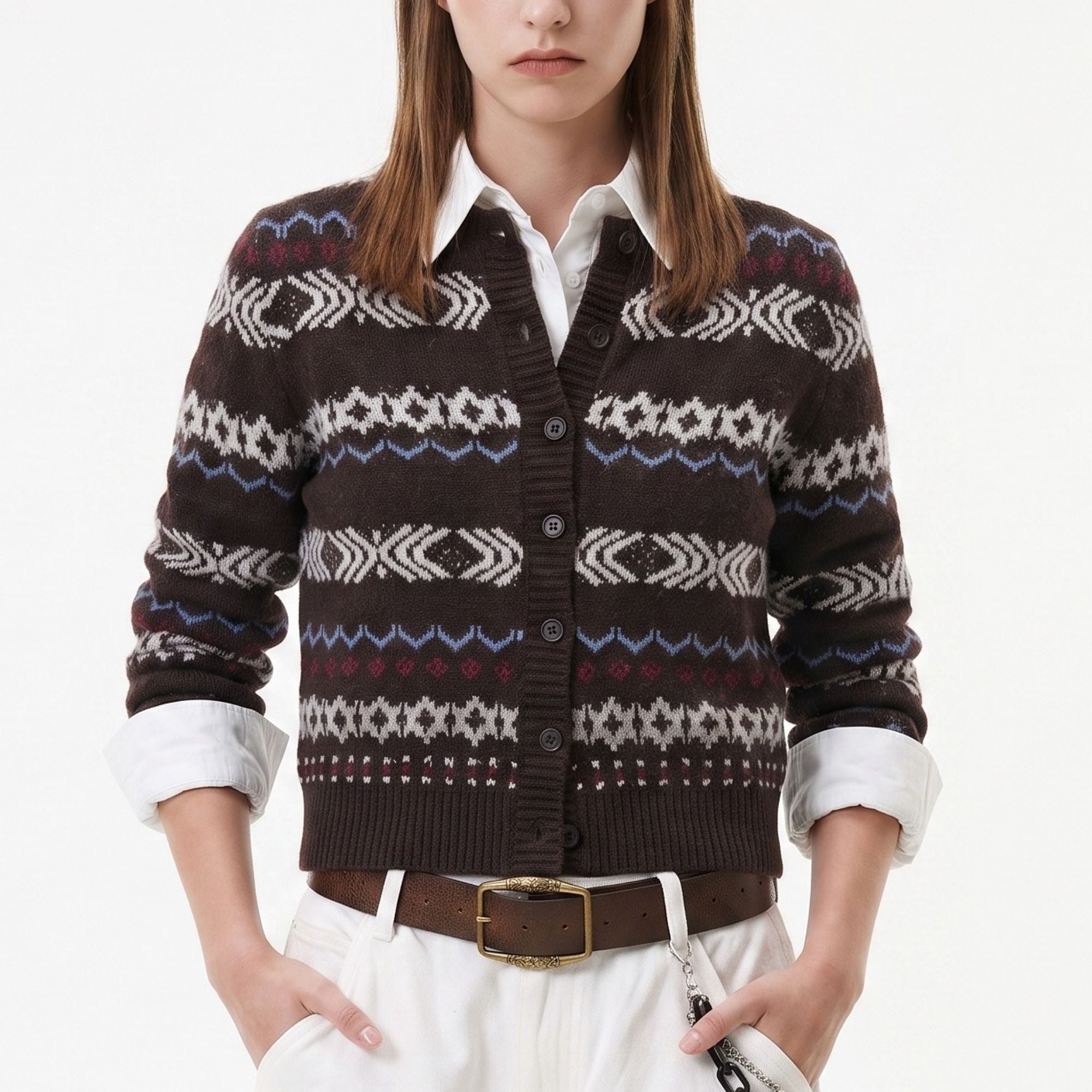 Geometric Pattern Button Front Knit Cardigan Sweater