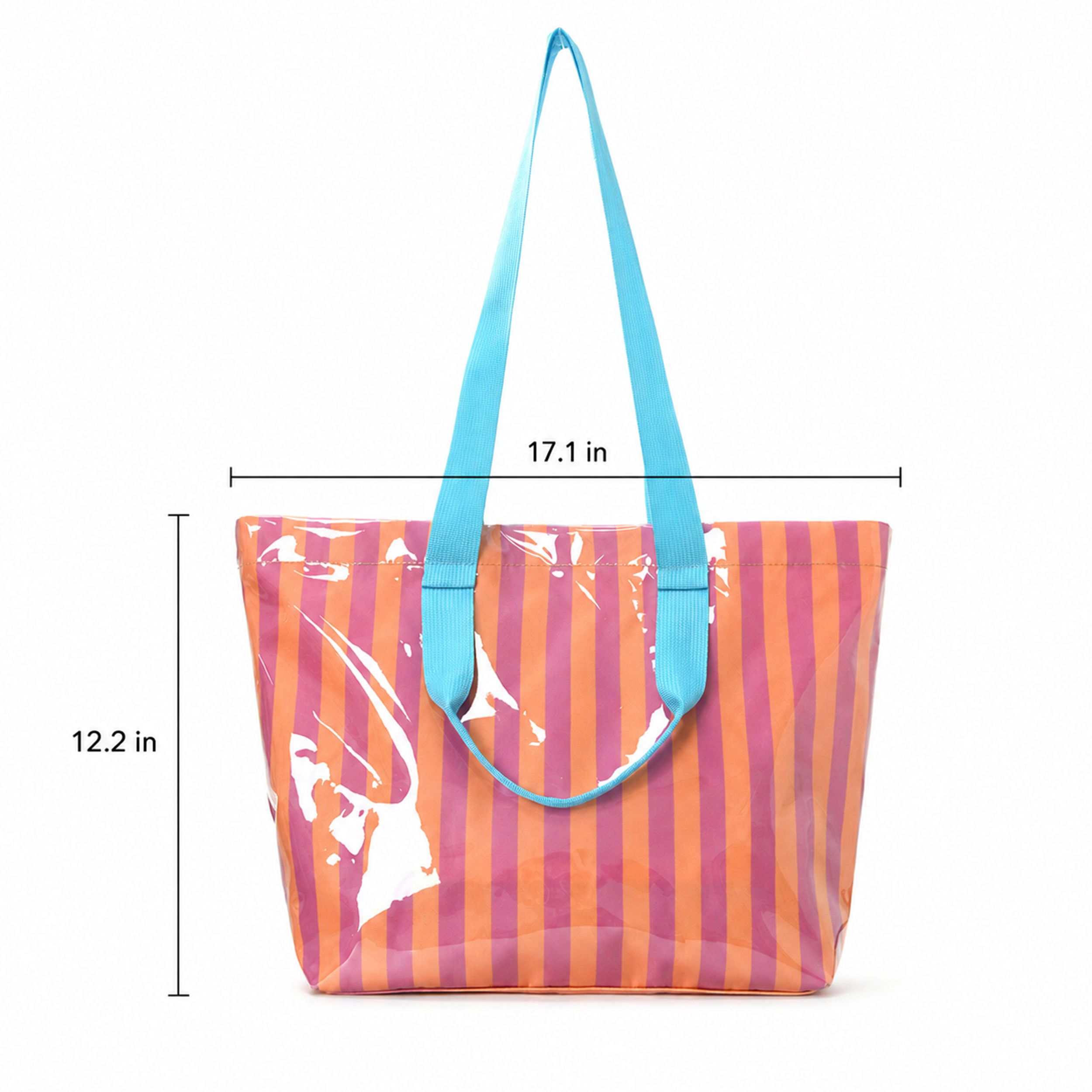 Striped PVC Beach Tote Bag with Magnetic Closure and Zip Pocket