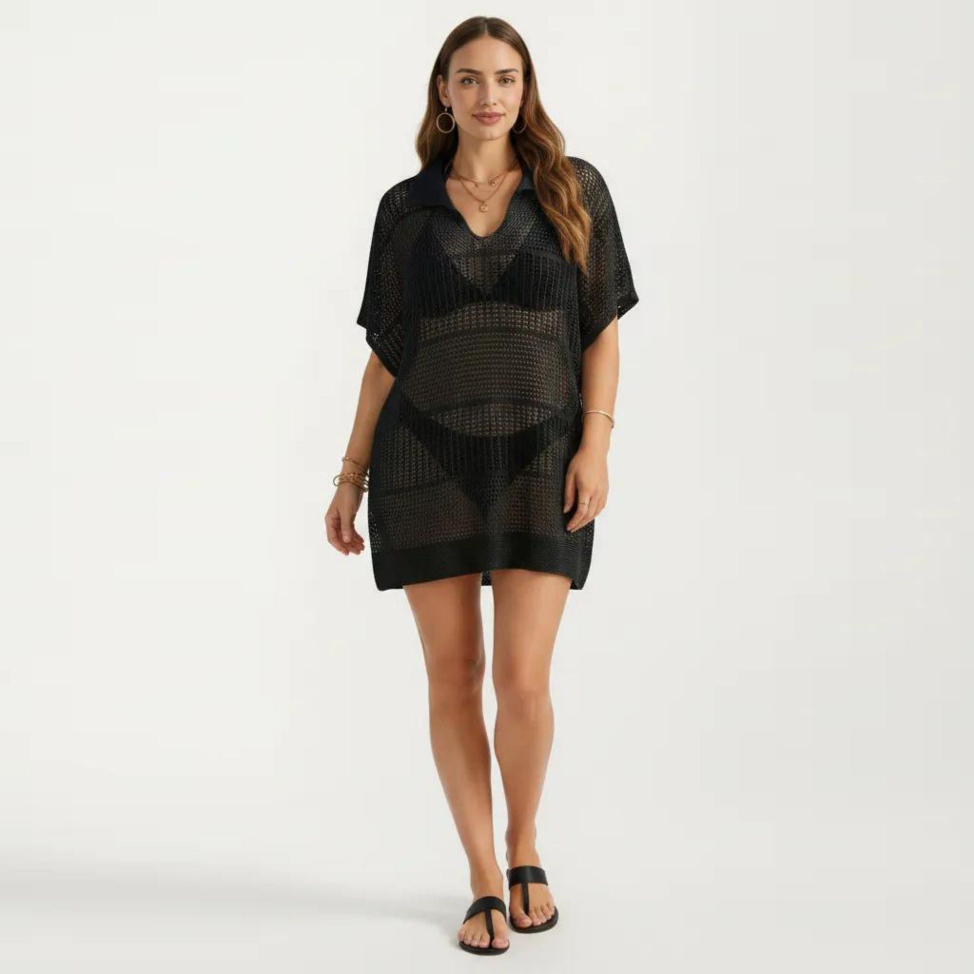 Anna-Kaci Women's Mesh Swim Cover Up Dress with Open Knit Design Collared Neckline Short Sleeves Relaxed Fit