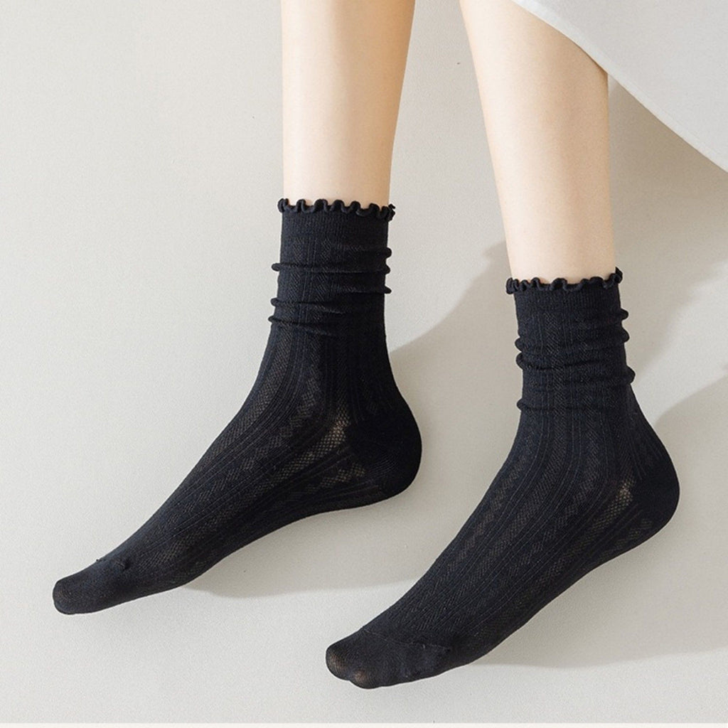 Anna-Kaci Women's Ribbed Crew Socks with Ruffle Lettuce Trim Soft Stretch Knit Comfortable Everyday 5-Pack