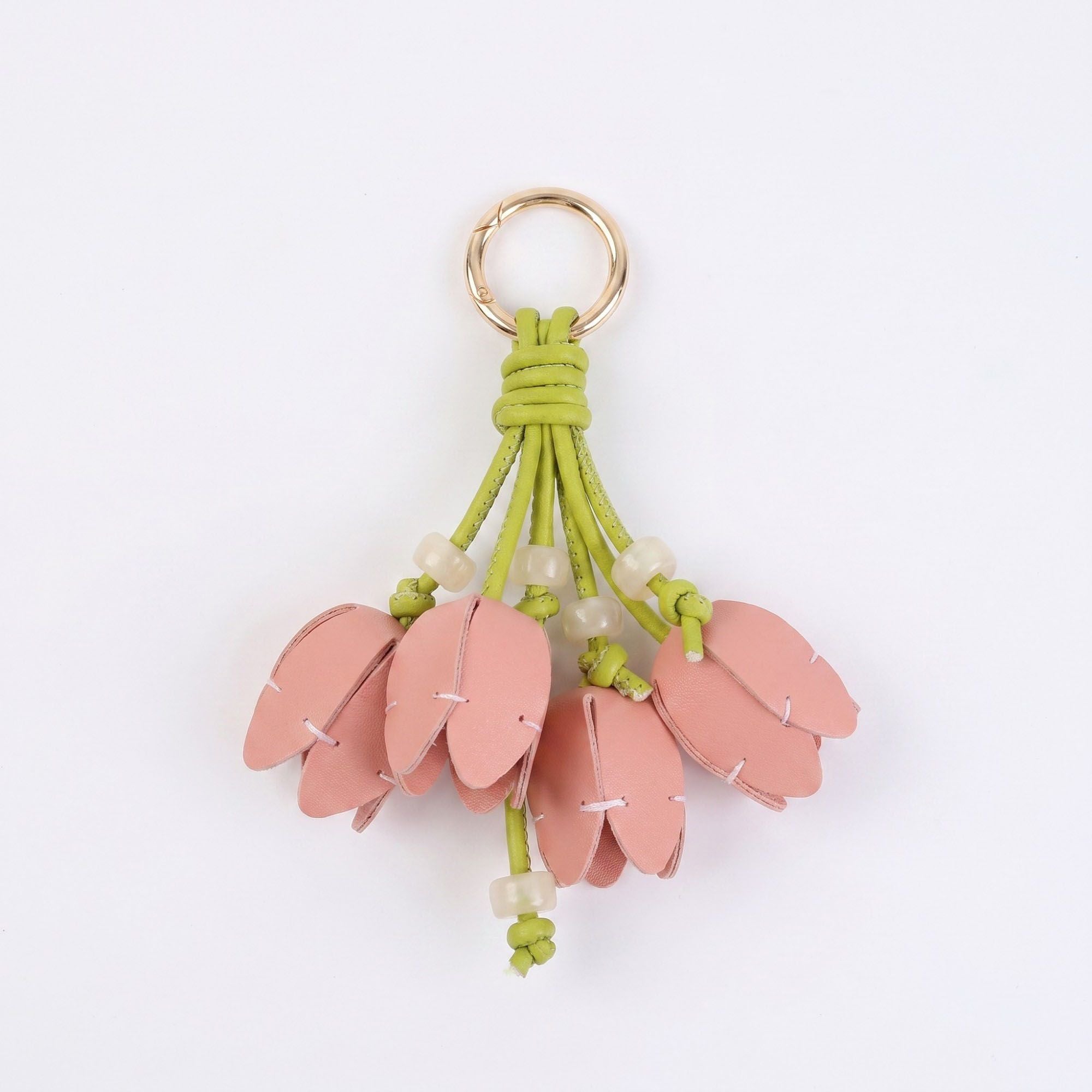 Floral Bag Charm with Pearl Look Beads and Gold Tone Ring