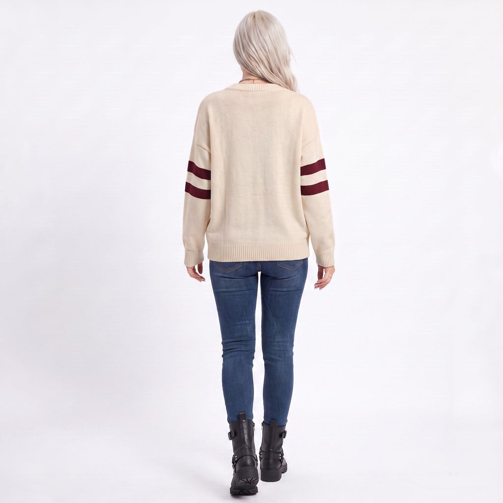 Star Graphic Striped Sleeve Crewneck Knit Sweater