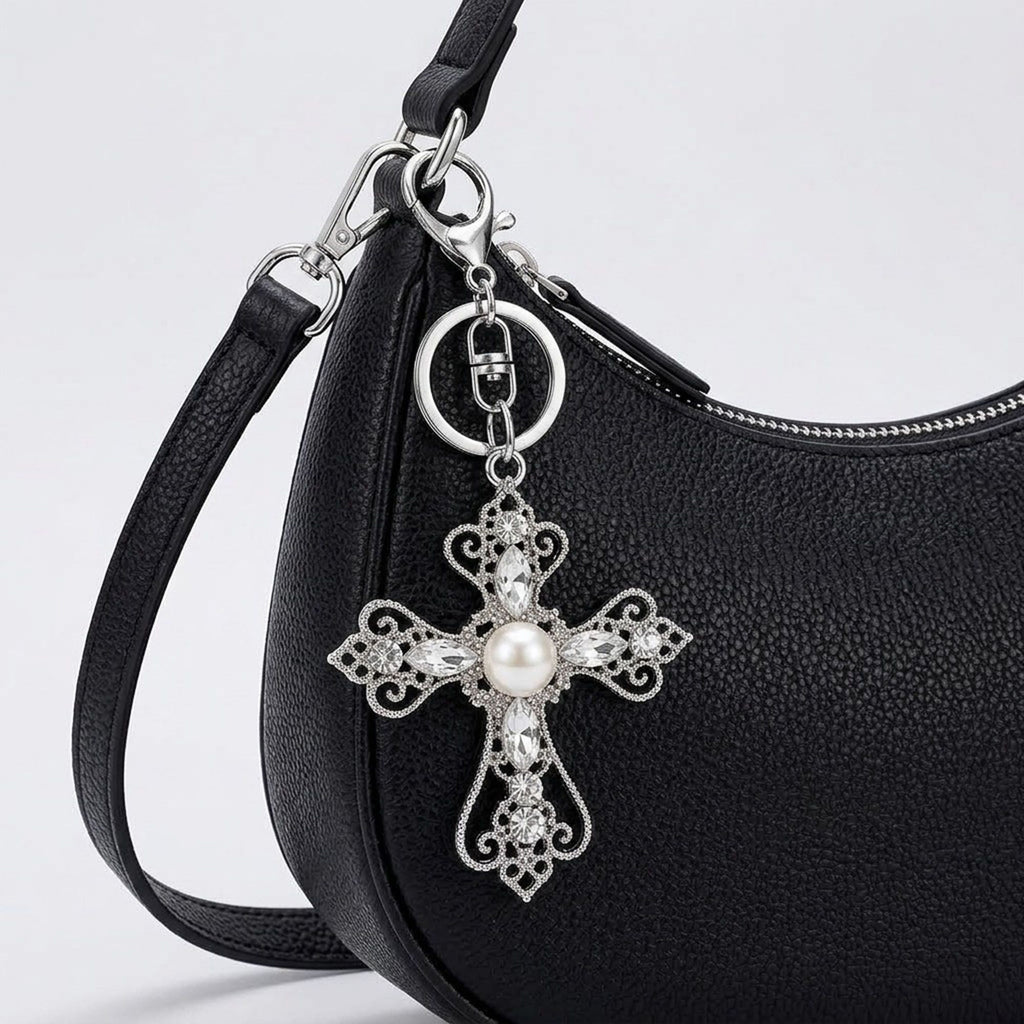 2pc Cross Pearl Rhinestone Keychain Bag Charm with Lobster Clasp and Key Ring