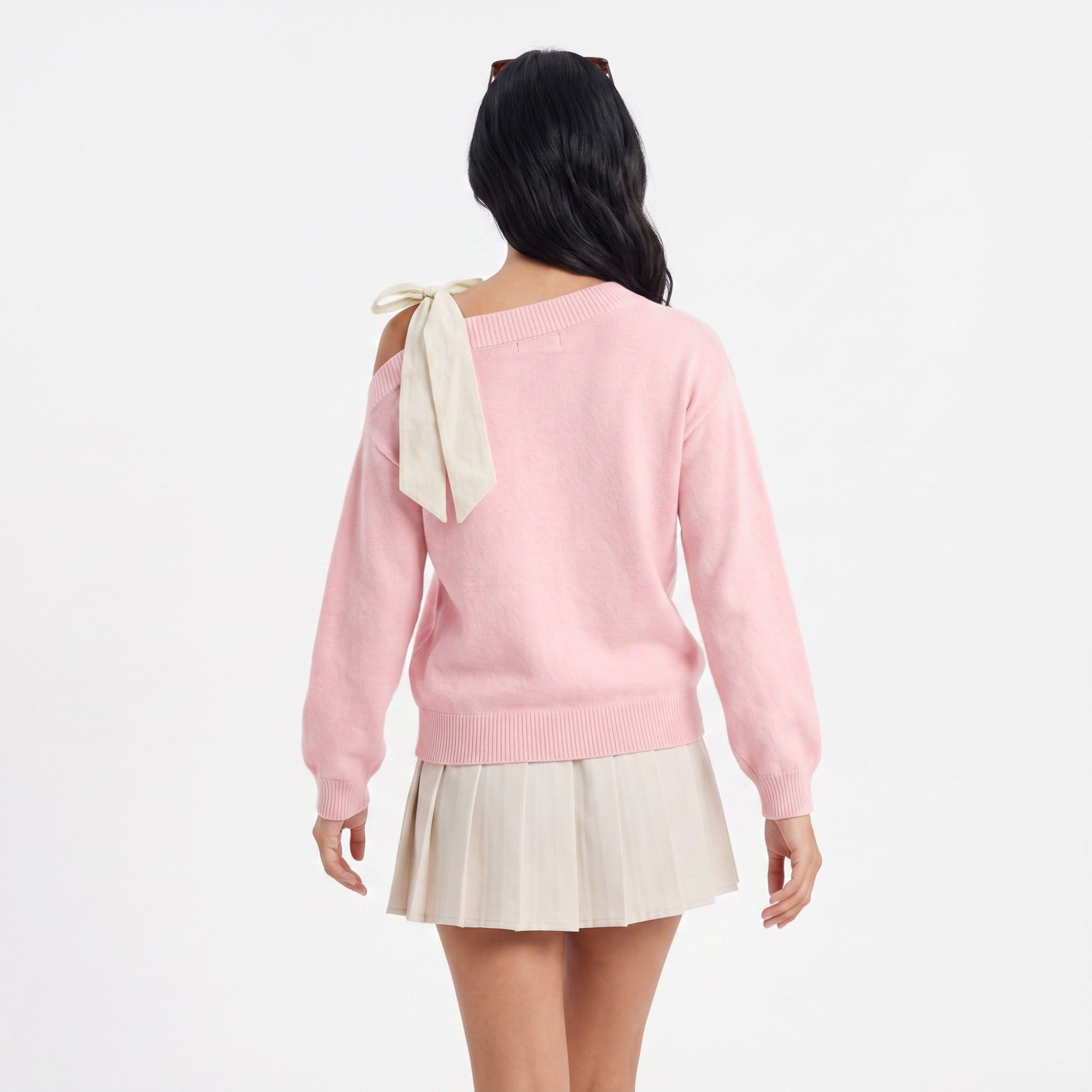 Off Shoulder Bow Sweater Long Sleeve Relaxed Fit Knit Pullover