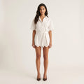 Anna-Kaci Women's Eyelet Romper Button Front Short Sleeve Tie Waist Lightweight Casual One Piece