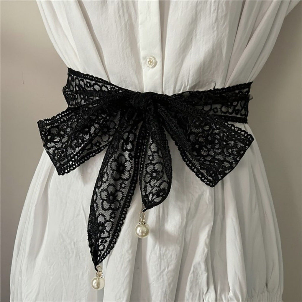 Anna-Kaci Women's Floral Lace Ribbon Belt with Oversized Bow and Pearl Drop Details 59in