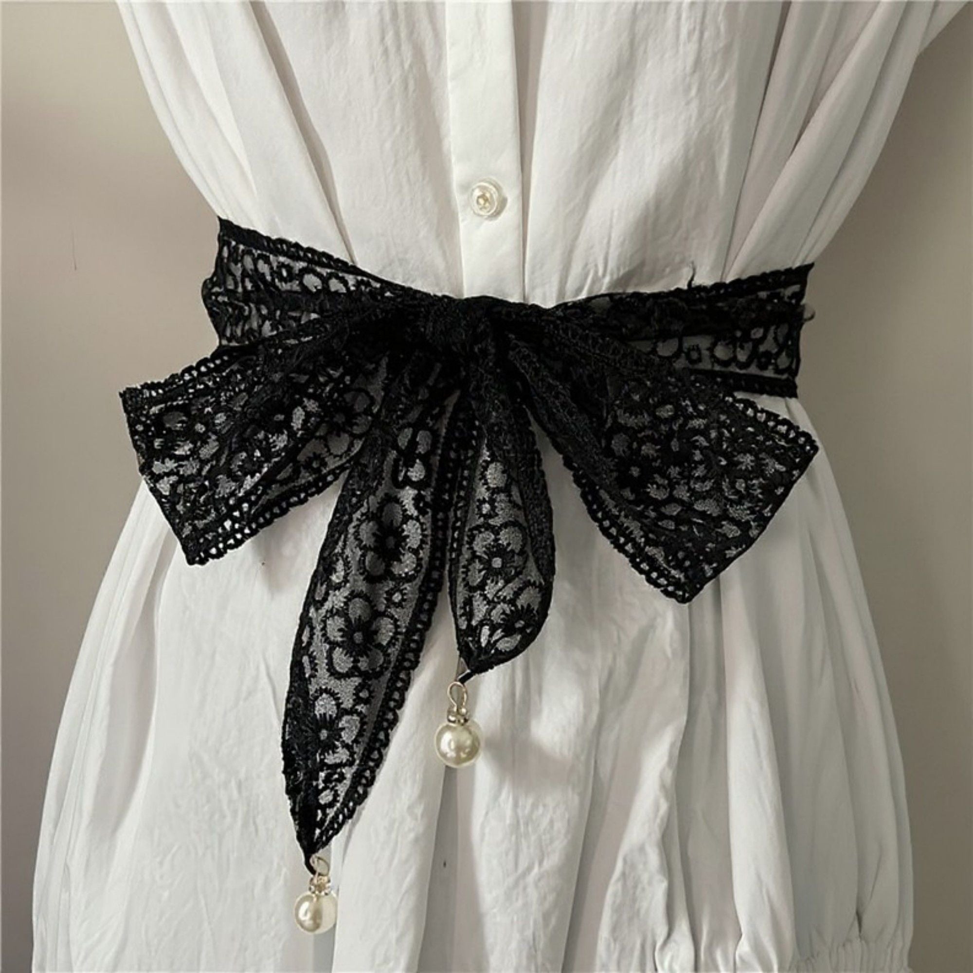Anna-Kaci Women's Floral Lace Ribbon Belt with Oversized Bow and Pearl Drop Details 59in