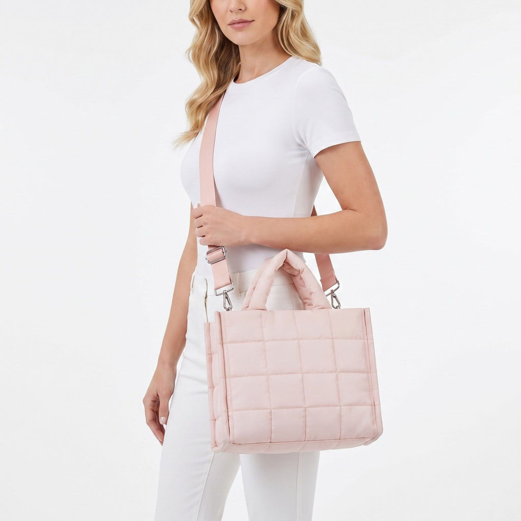 Quilted Puffer Tote Bag with Top Handles and Adjustable Crossbody Strap 11x10x5.5in