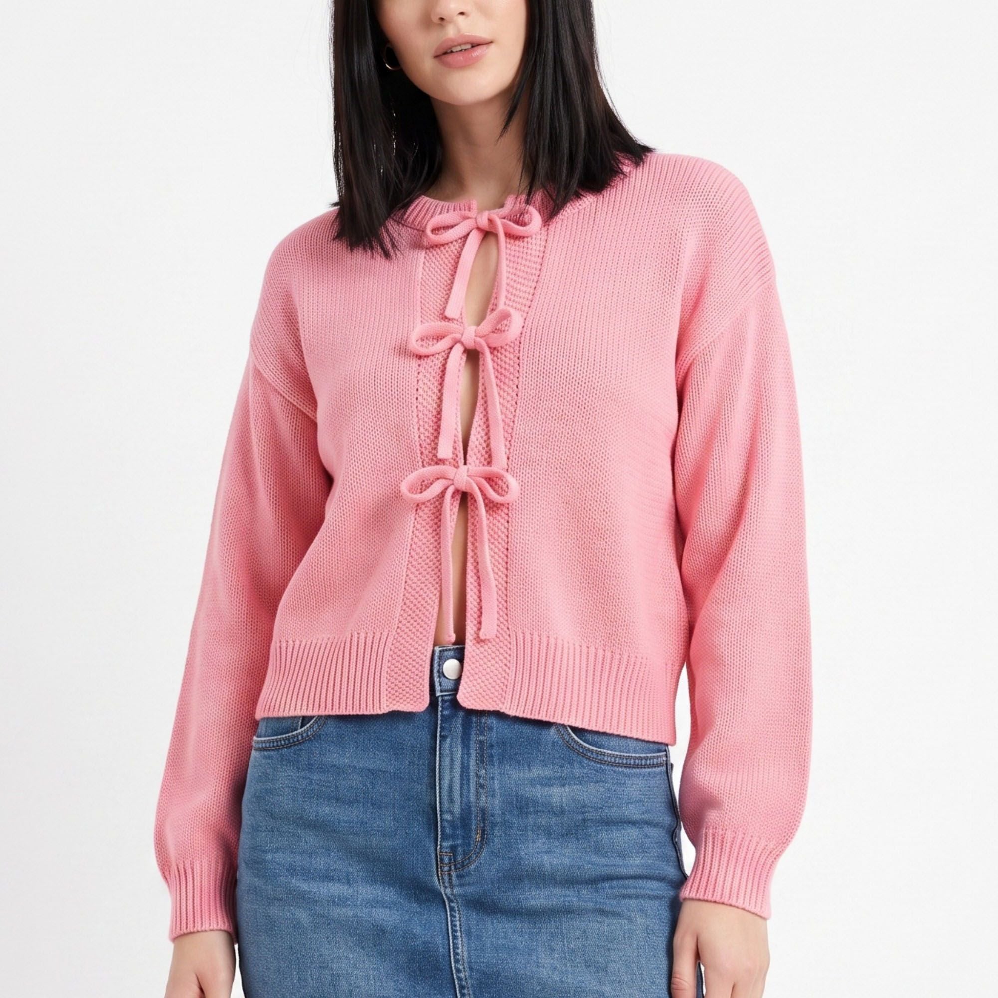 Tie-Front Long Sleeve Cropped Knit Cardigan