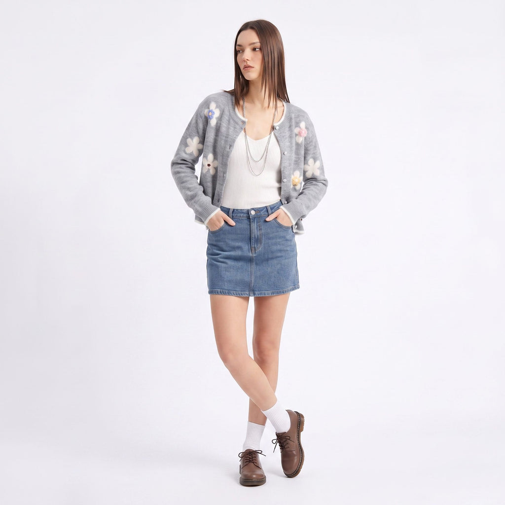 3D Floral Pearl Button Fuzzy Knit Cardigan Sweater