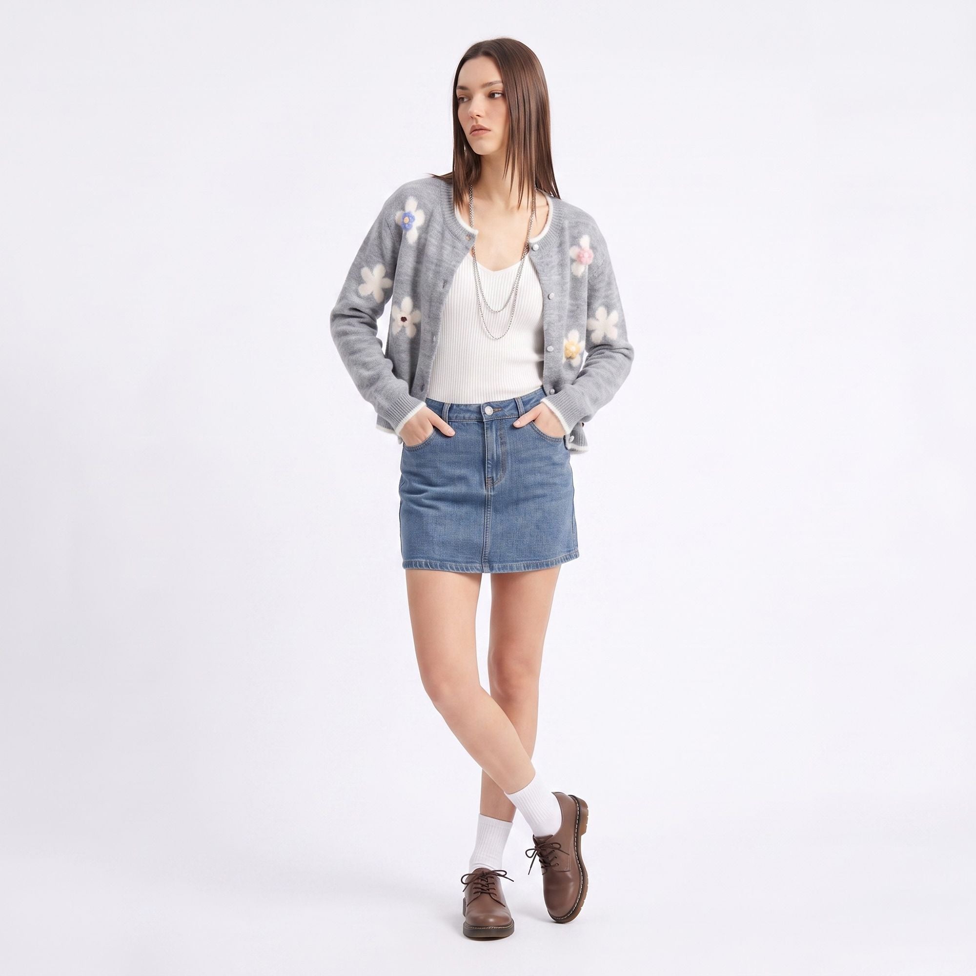 3D Floral Pearl Button Fuzzy Knit Cardigan Sweater