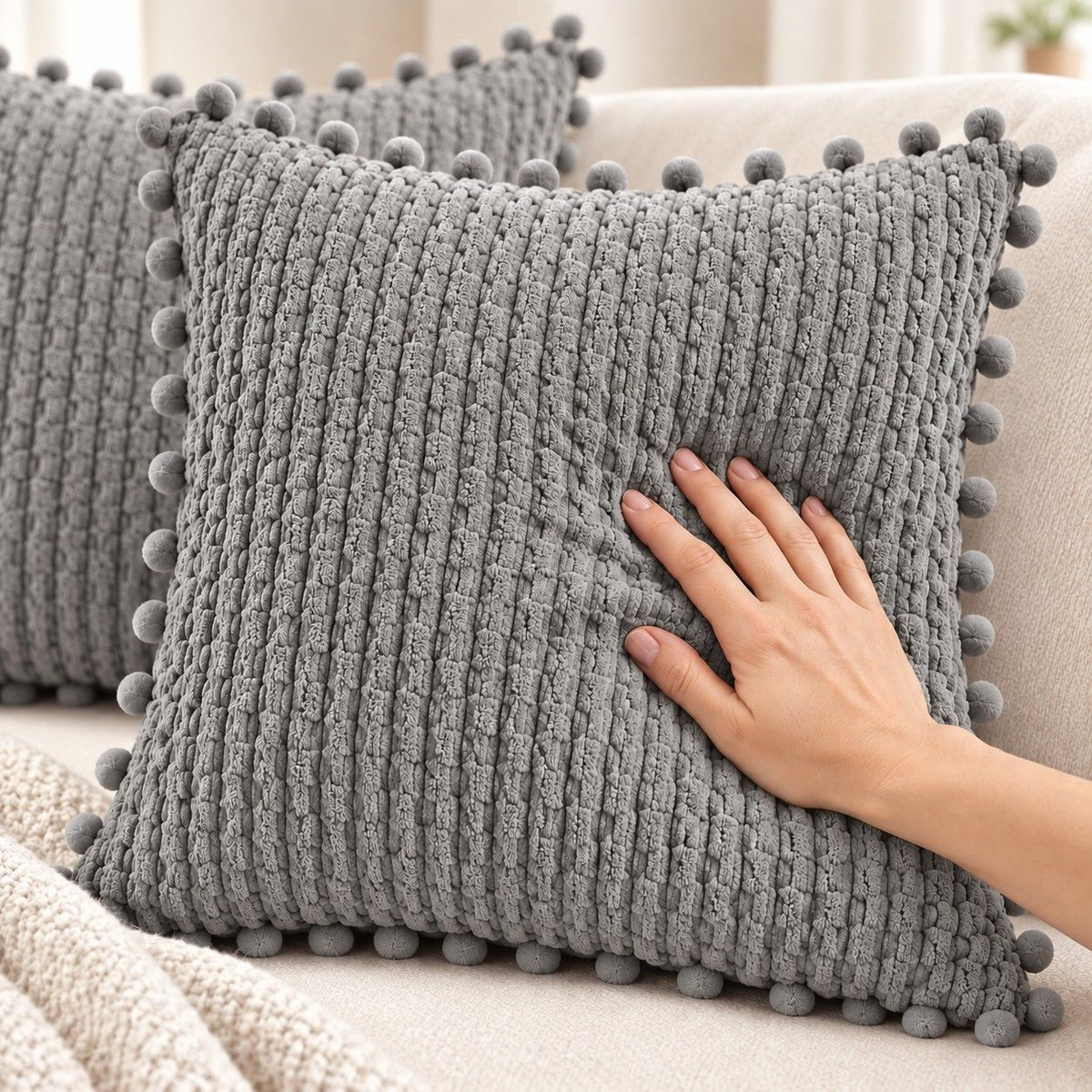 2 Pack Double Sided Corduroy Throw Pillow Covers 18 x 18 Inch with Pom Pom Trim