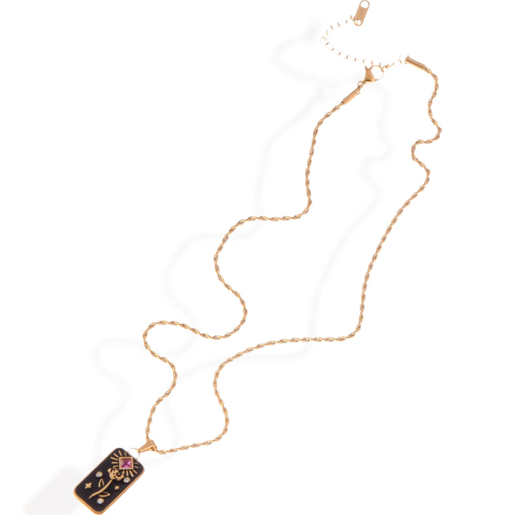 Women's Gold Tone Rope Chain Fashion Necklace with Enamel Pendant and Gemstone Accent