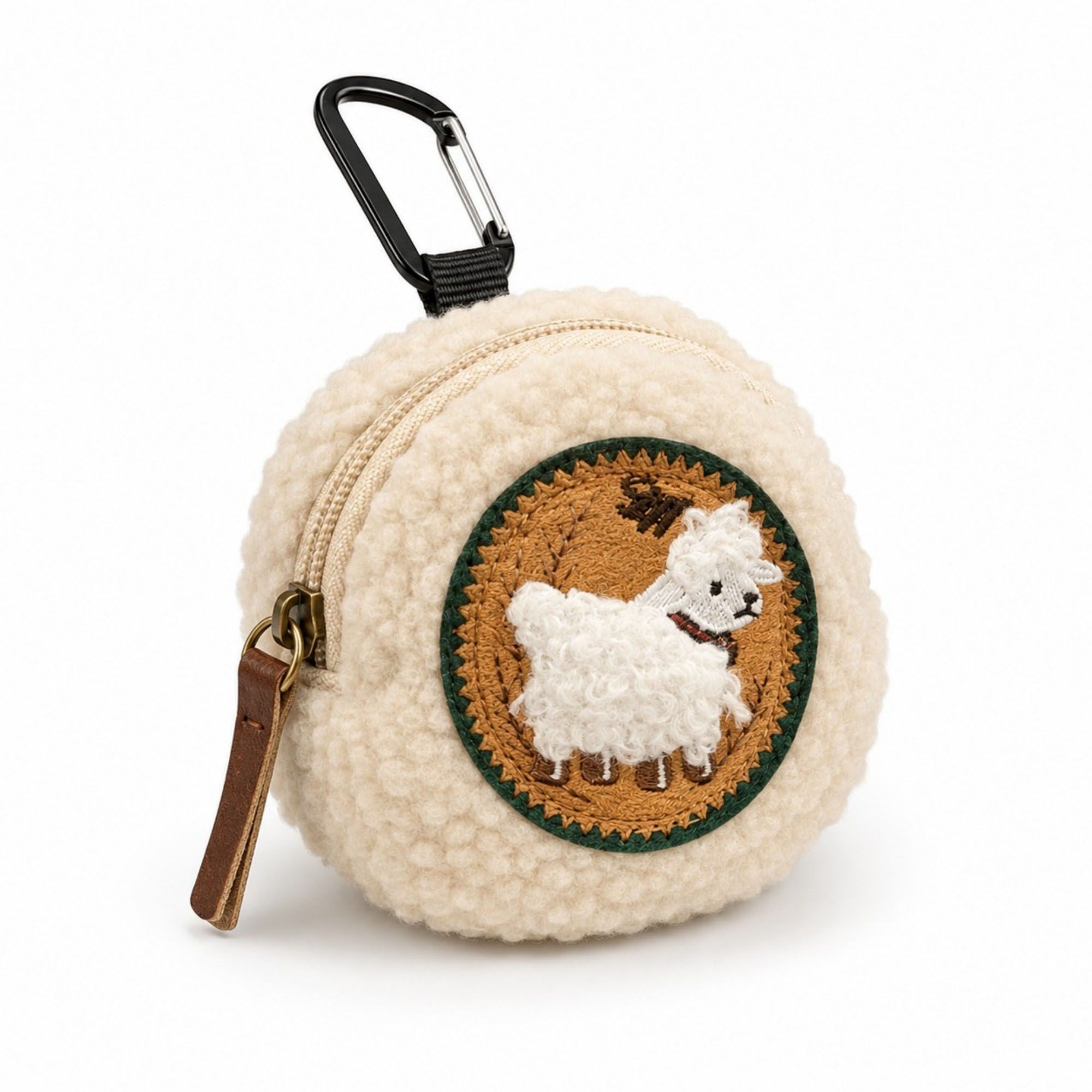 Plush Lamb Mini Coin Purse Keychain with Zipper Closure, Embroidered Patch and Clip-On Earbud Storage Pouch