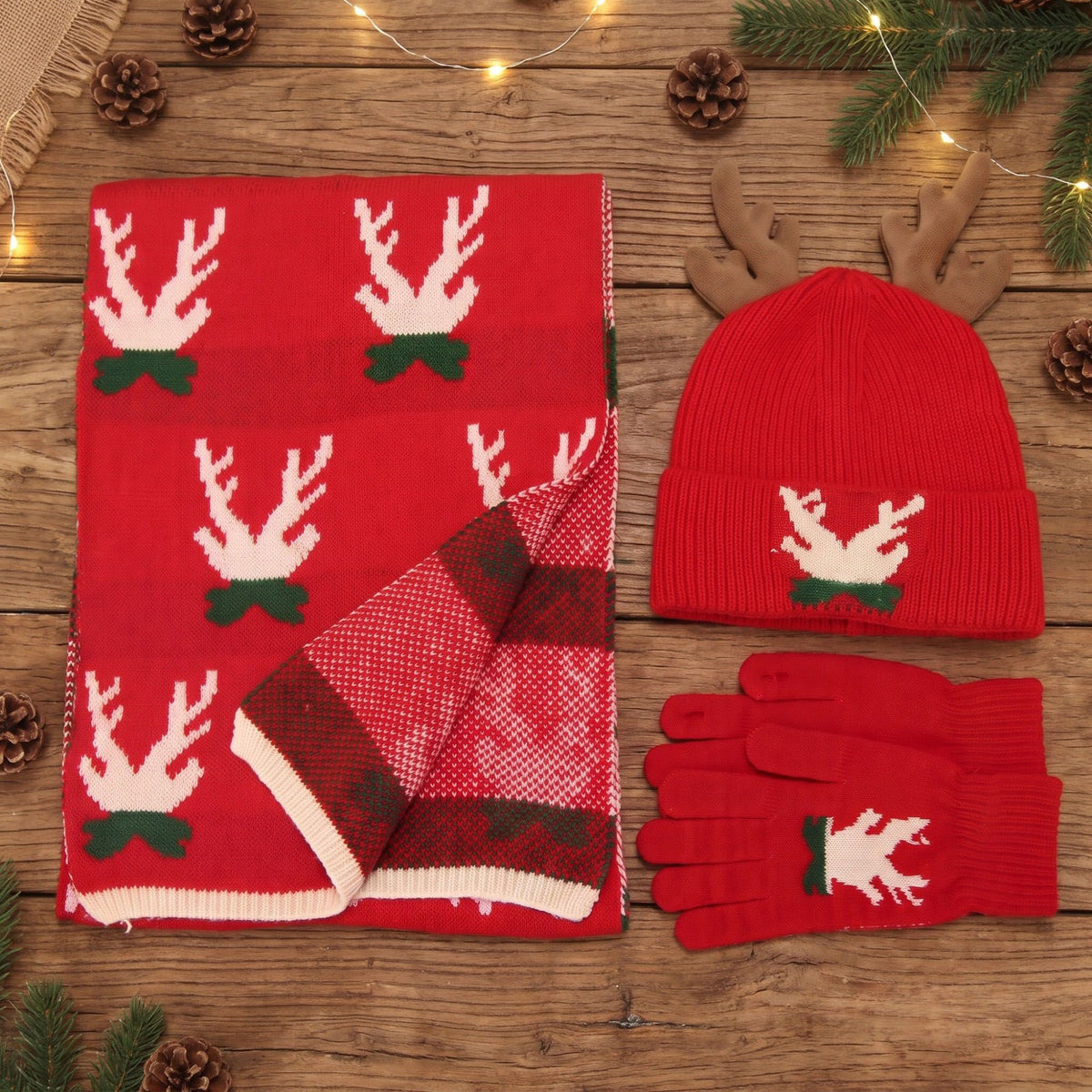 3 Piece Christmas Reindeer Antler Beanie Scarf and Gloves Set