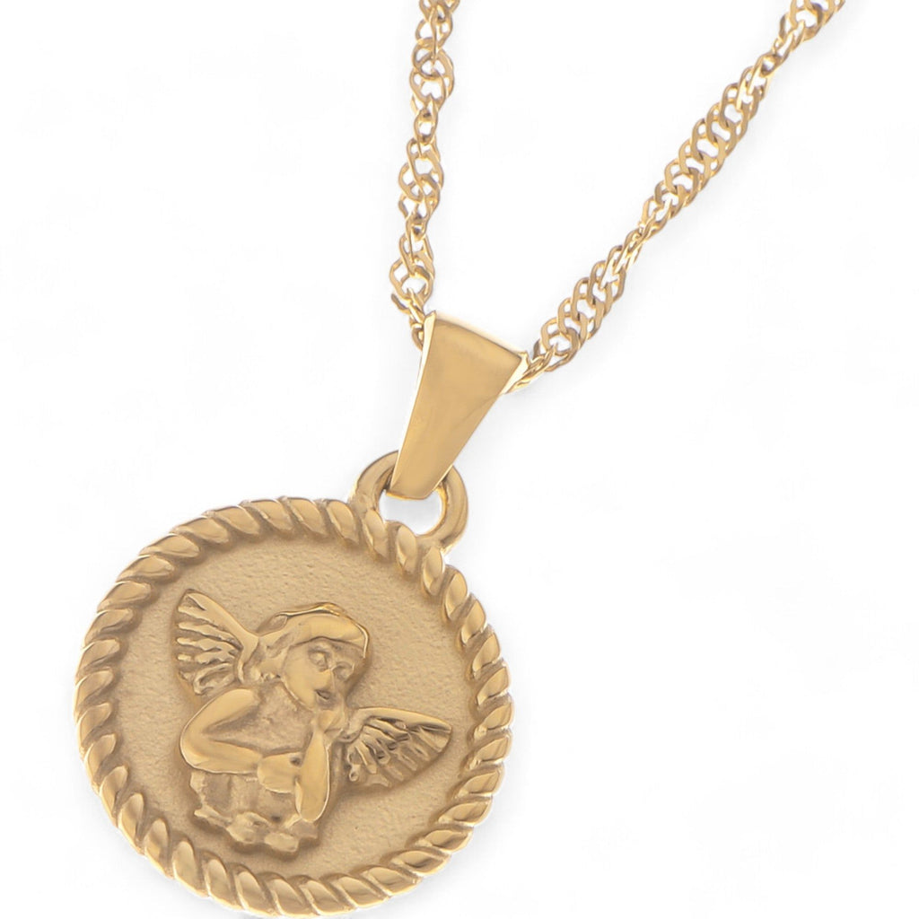 Women's Gold Tone Angel Medallion Pendant Fashion Necklace with Twisted Rope Chain