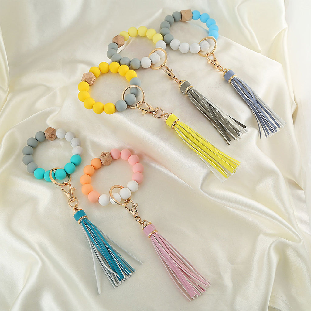 Beaded Keychain Bracelet with Tassel Charm and Elastic Loop