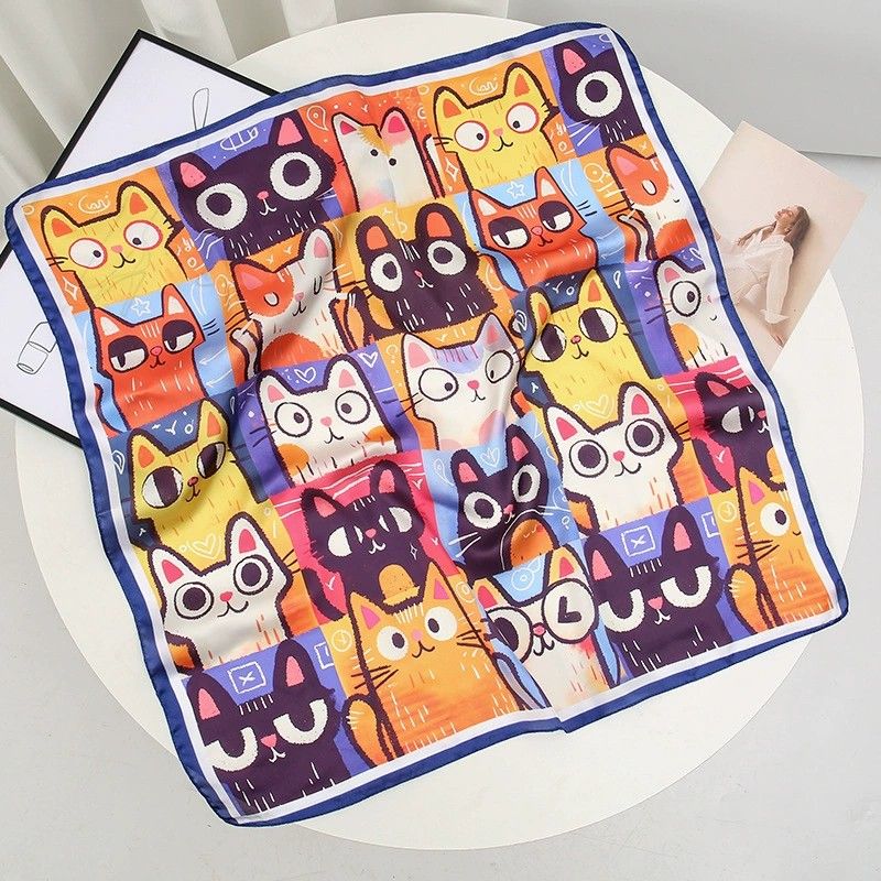 Anna-Kaci Women's Square Cat Print Silk Feel Satin Scarf Cute Animal Neck Wrap 27.5 Inch