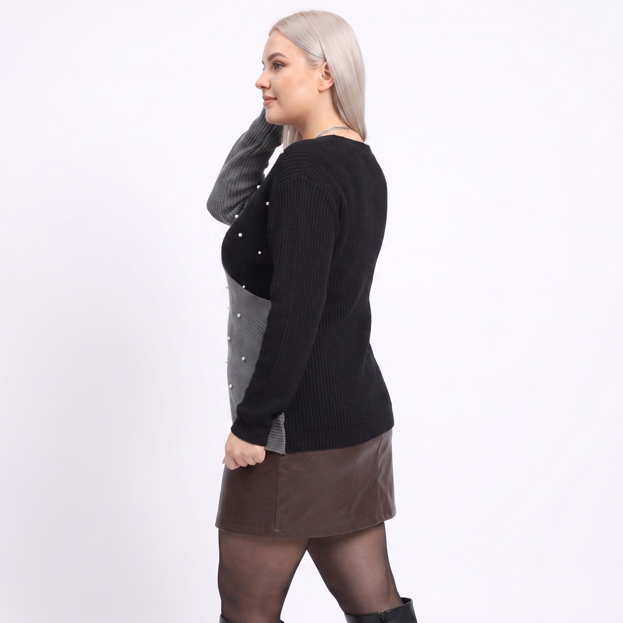 Plus Size Faux Pearl Colorblock Wrap Front Sweater