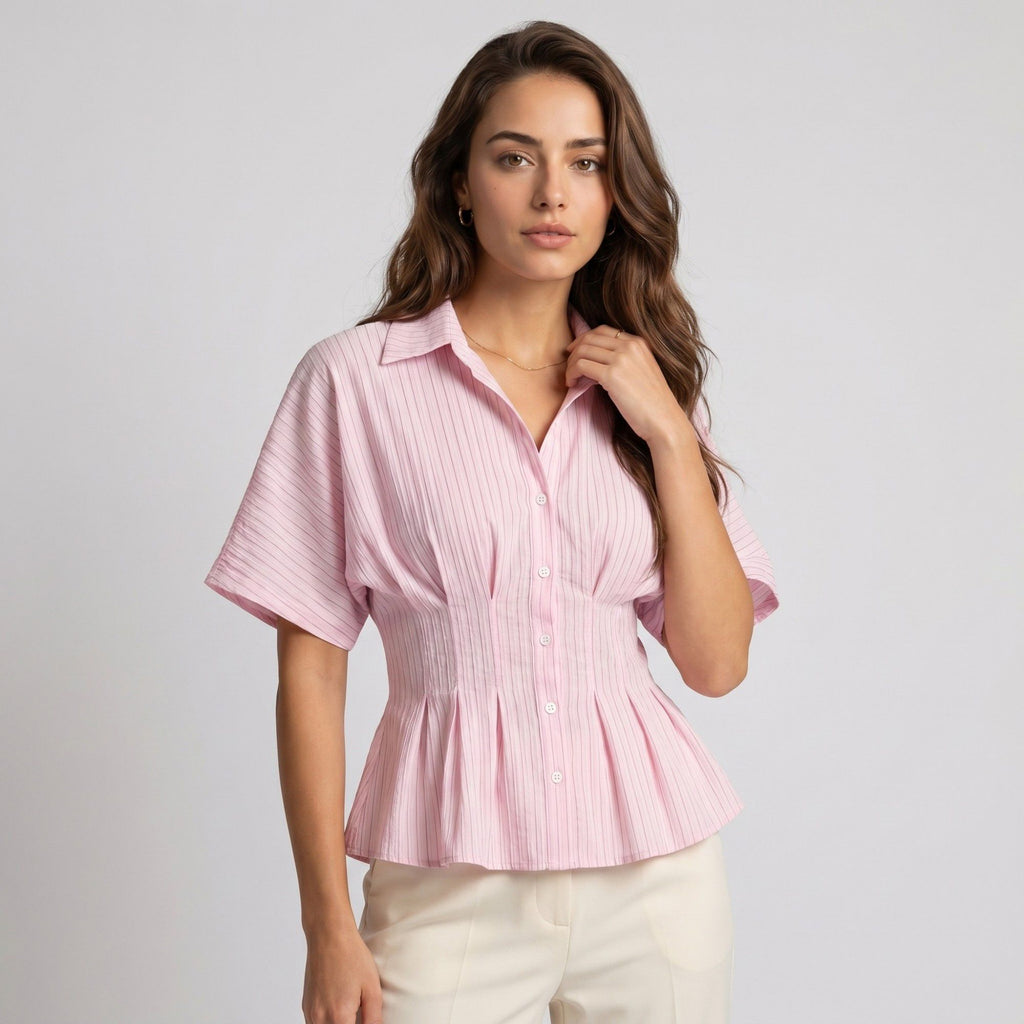 Anna-Kaci Women's Striped Button Front Peplum Blouse with Collared Neck and Pleated Hem