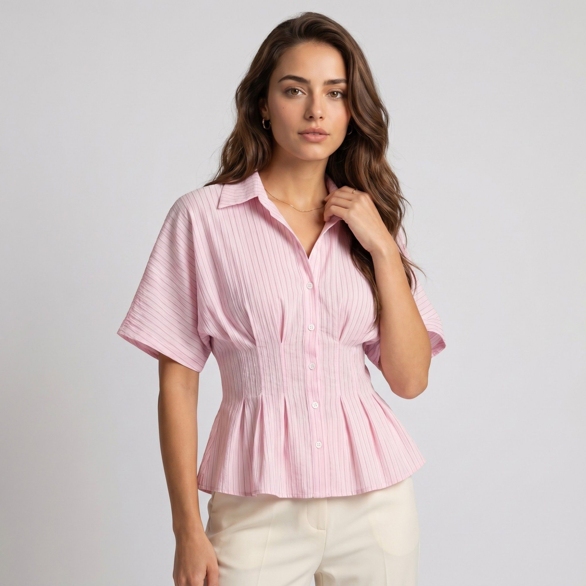 Anna-Kaci Women's Striped Button Front Peplum Blouse with Collared Neck and Pleated Hem