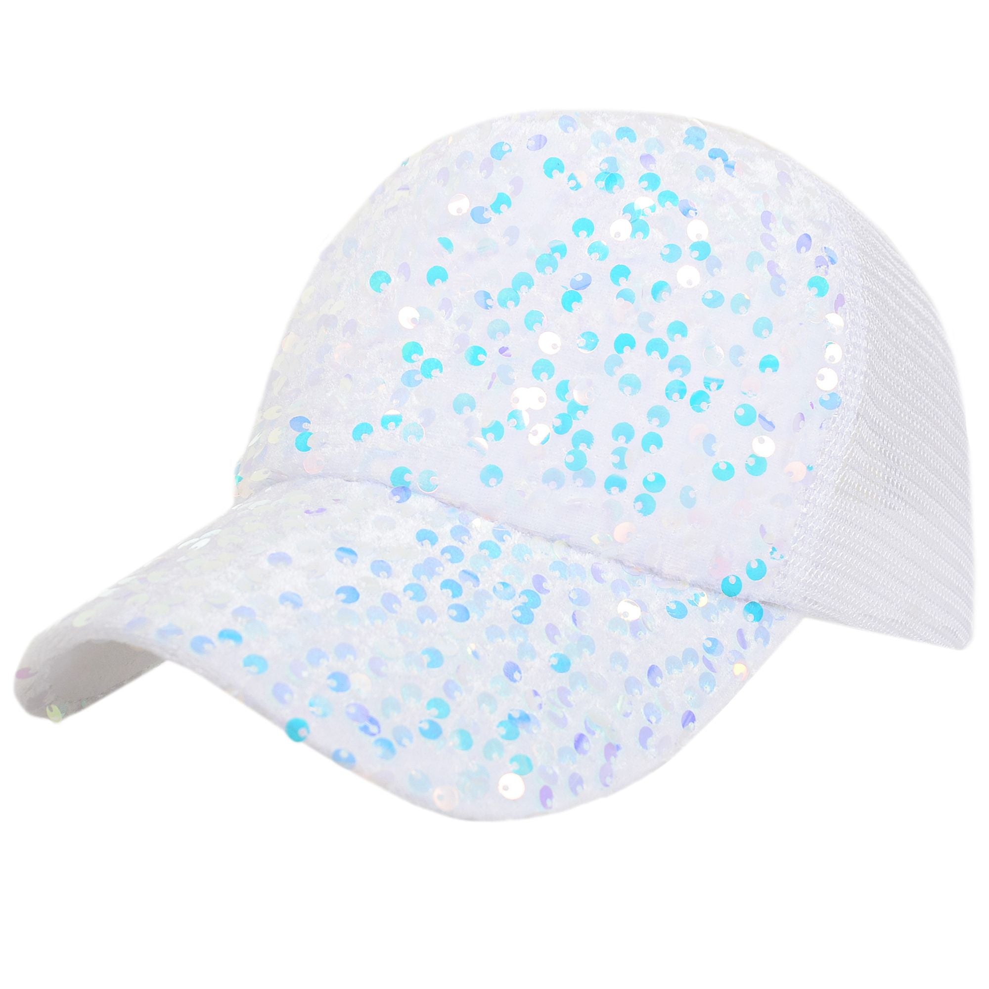Anna-Kaci Women's Sparkly Sequin Baseball Cap Messy Low Bun Ponycap Velvet Mesh Trucker Hat