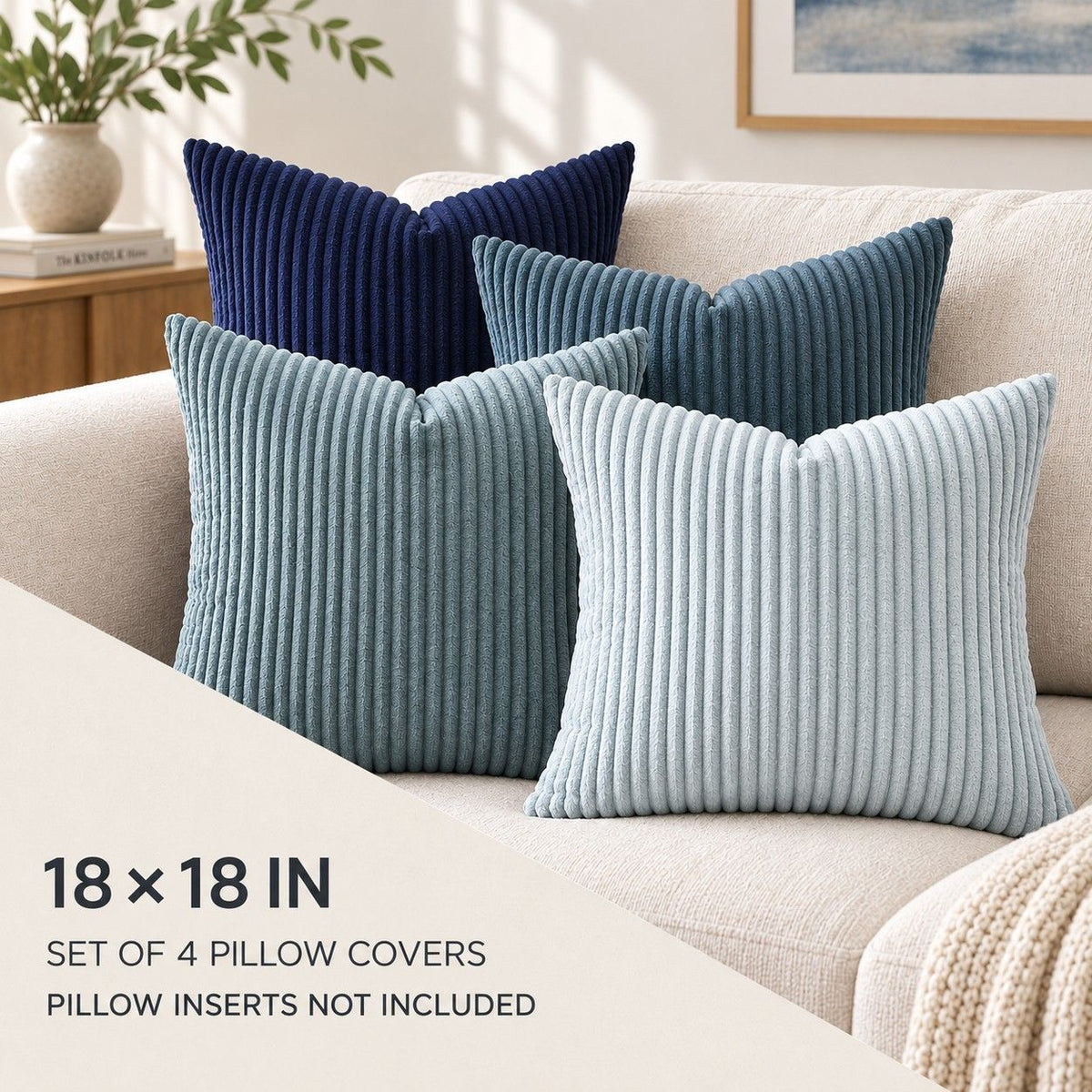 4 Pack Corduroy Throw Pillow Covers 18 x 18 Inch Wide Stripe Texture