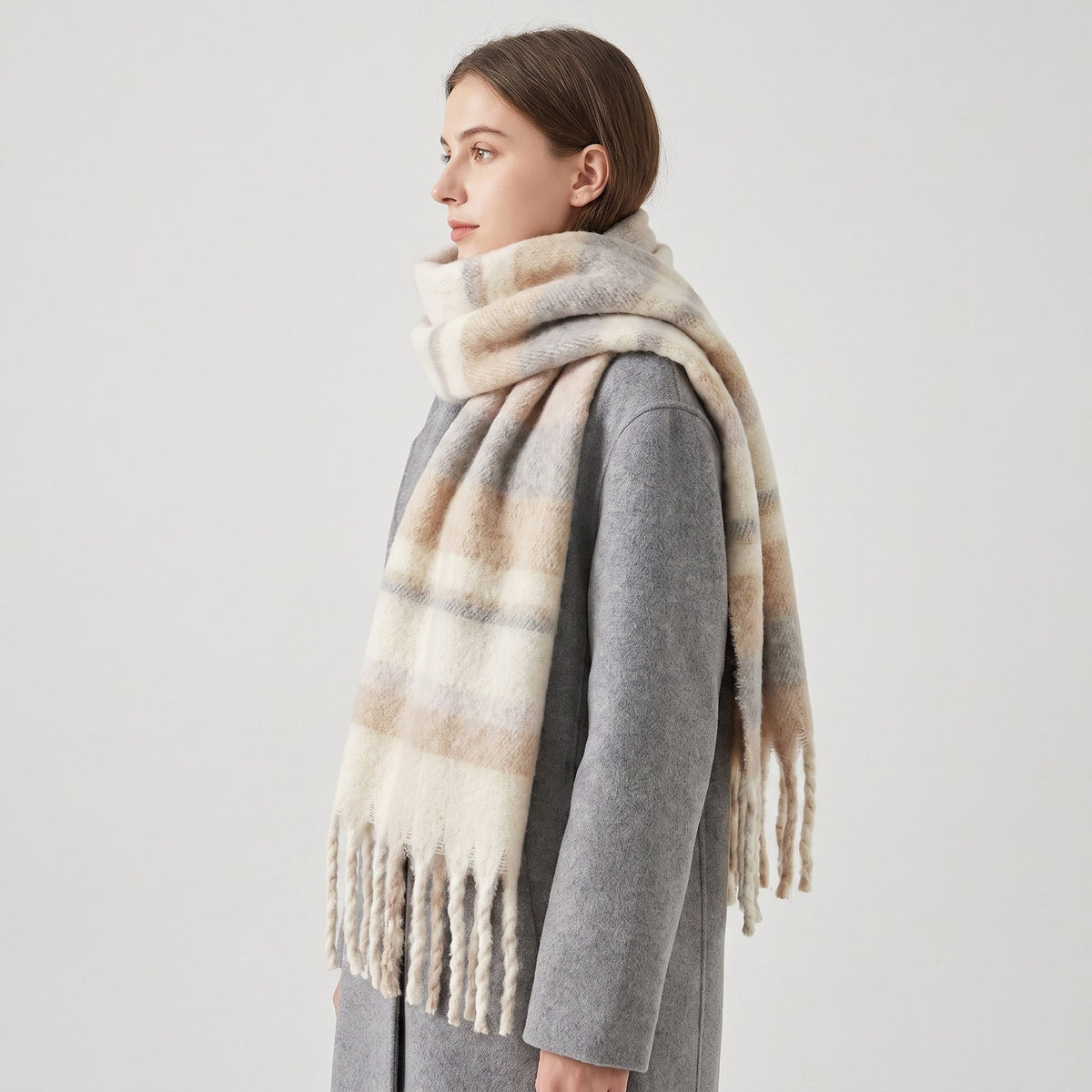 Oversized Plaid Scarf with Fringe Soft Brushed Winter Wrap