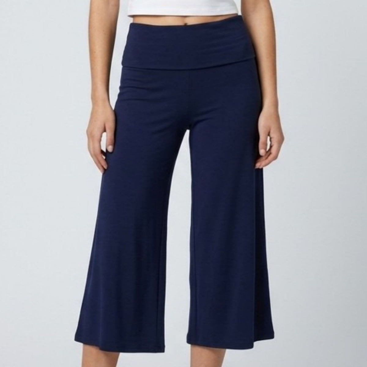Foldover Waistband Cropped Wide-Leg Trousers