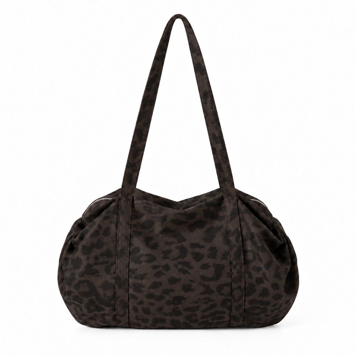 Leopard Print Barrel Shoulder Bag with Zip Closure and Interior Pockets