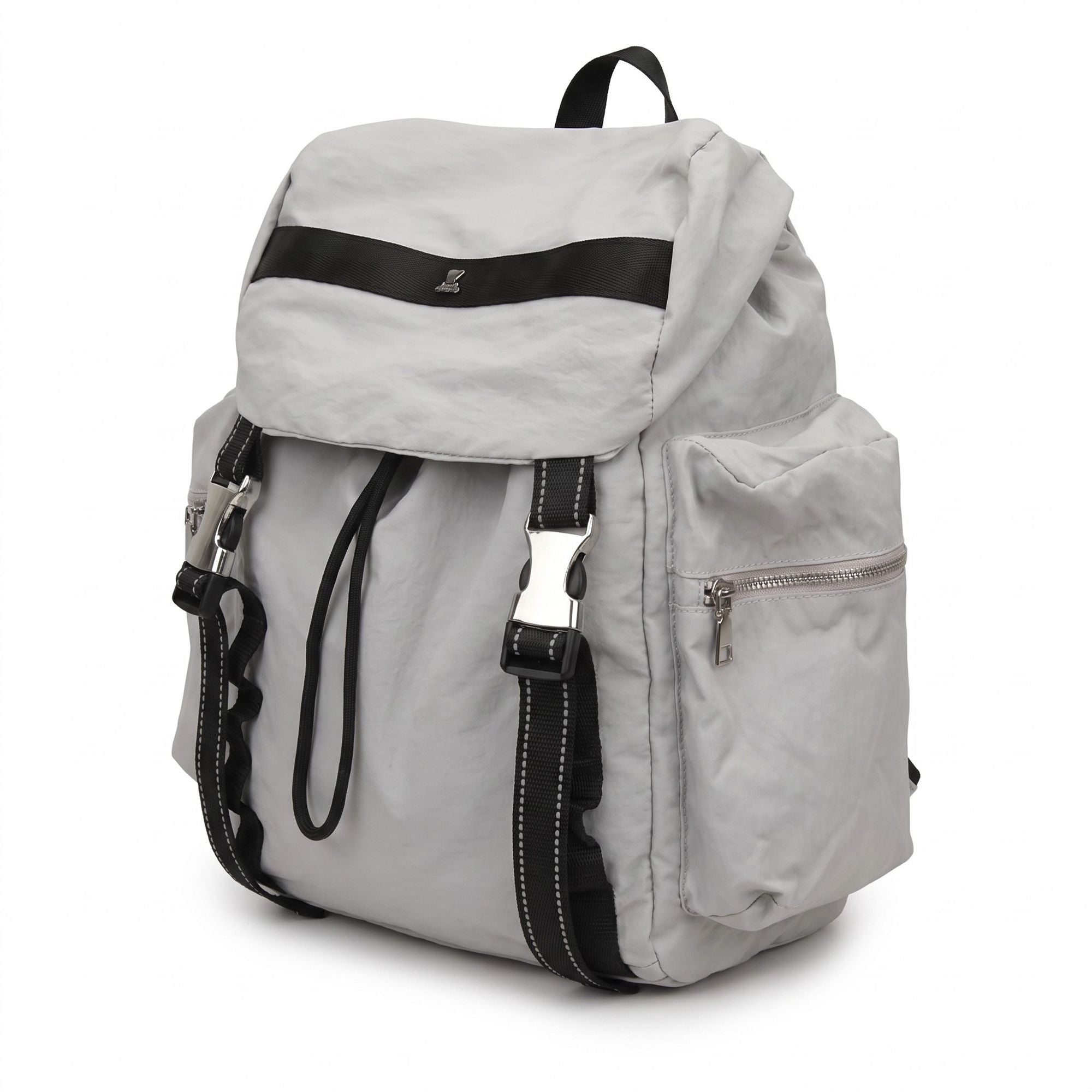 Flap Drawstring Backpack with Dual Buckle Straps and Zippered Side Pockets