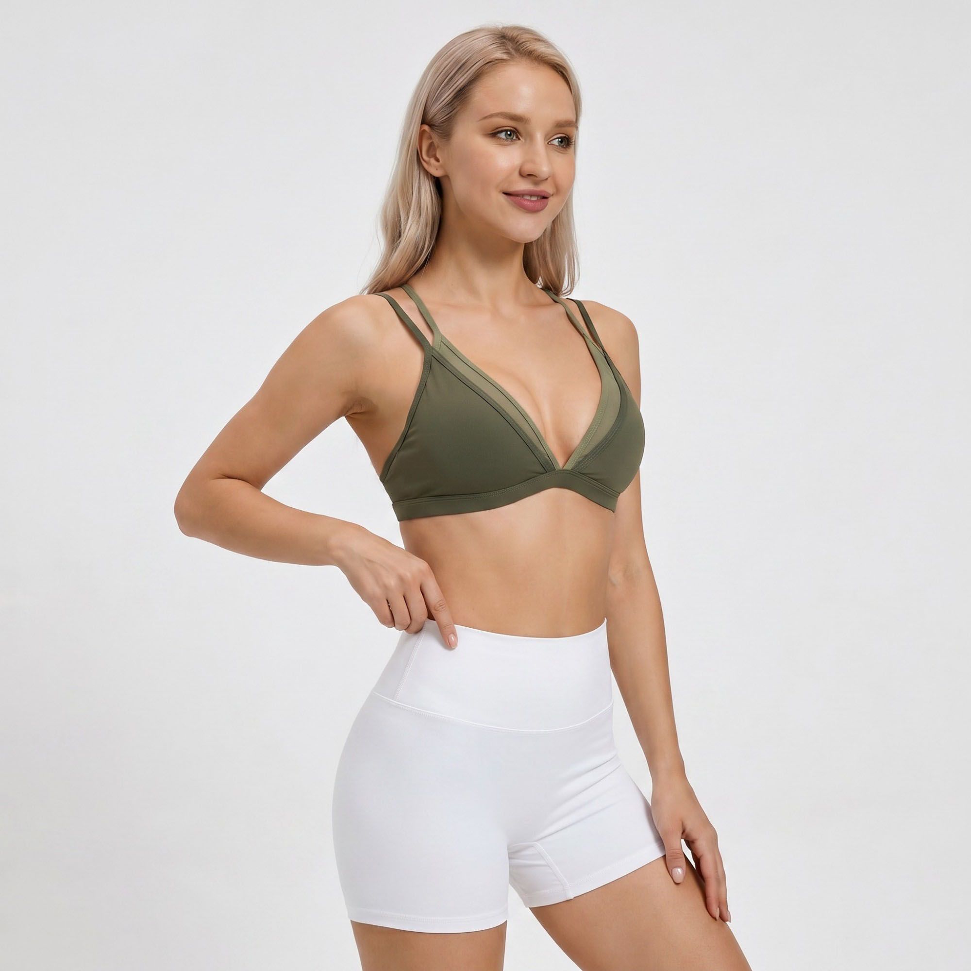 Padded Double Strap V Neck Sports Bra Tank Top Contrast Trim Workout Yoga Crop Top