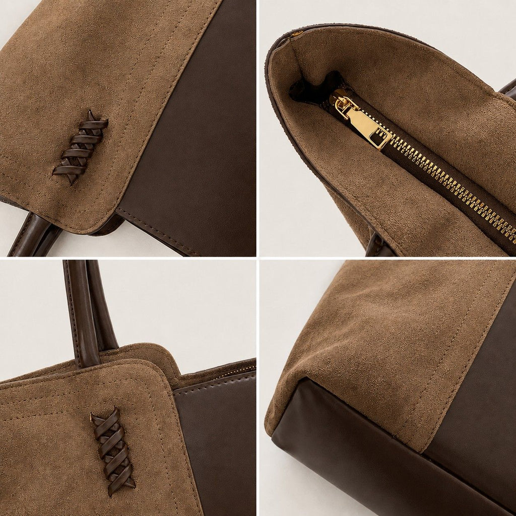 Faux Suede Tote Bag with Double Shoulder Handles Zip Closure and Interior Pockets
